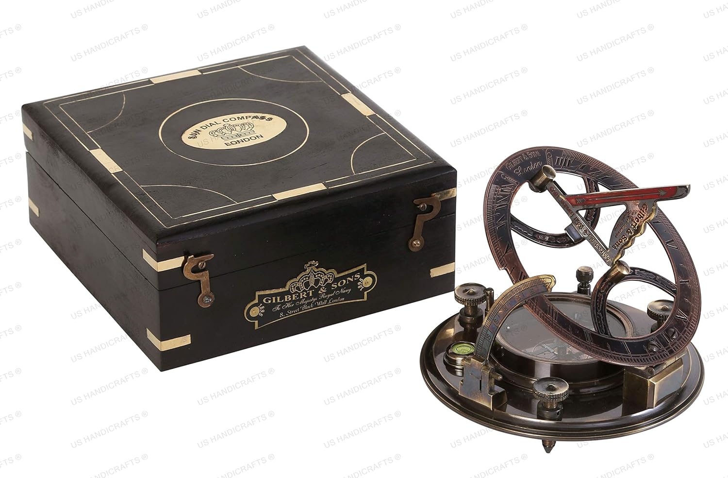 US HANDICRAFTS Ideas Crafted Sundial Compass for Men Xmas 5 Inch Perfectly Calibrated Large Sundial Compass Black Wooden Case Top Grade Engraved Brass Sundial with Embossed Needle Pack of 2