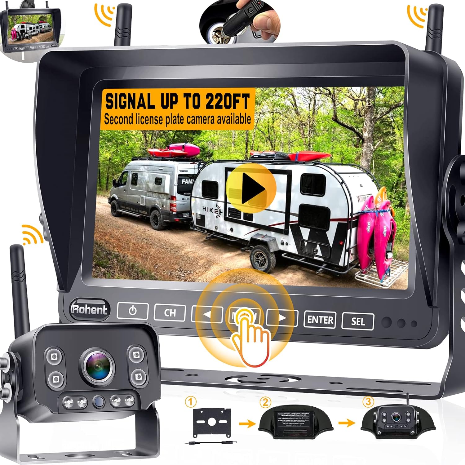 Wireless Backup Camera RV HD 1080P 7 Inch Touch Key DVR Monitor Rear View System Infrared Night Vision Waterproof for Truck Trailer Camper 5th Wheel Split Screen 4 Channels Digital Signals Rohent R9