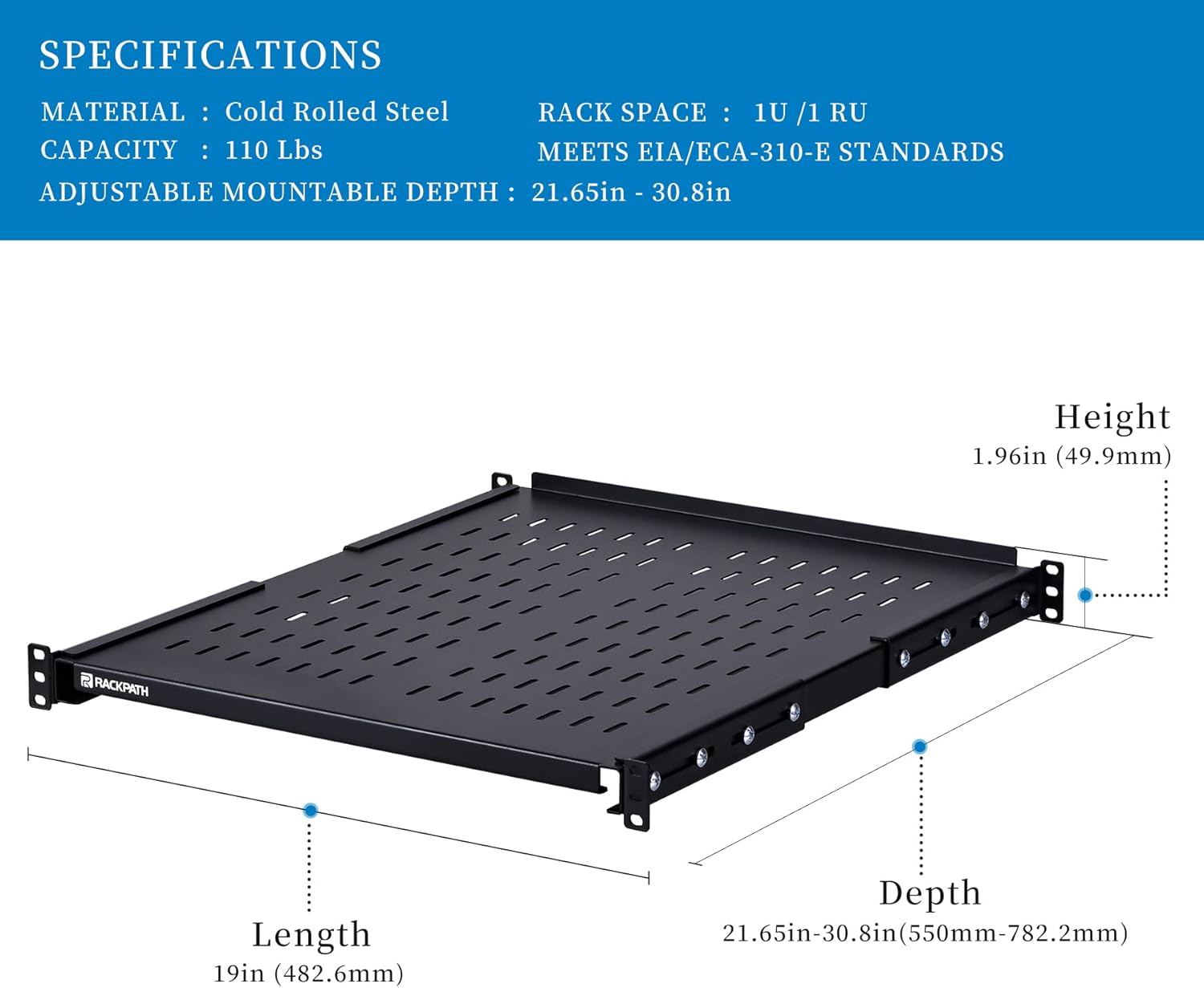 RackPath 1U Adjustable Server Rack Shelf – Rack Mount 4 Post Adjustable from 21.65 – 30.8 Inches –242lbs Capacity Pack of 2