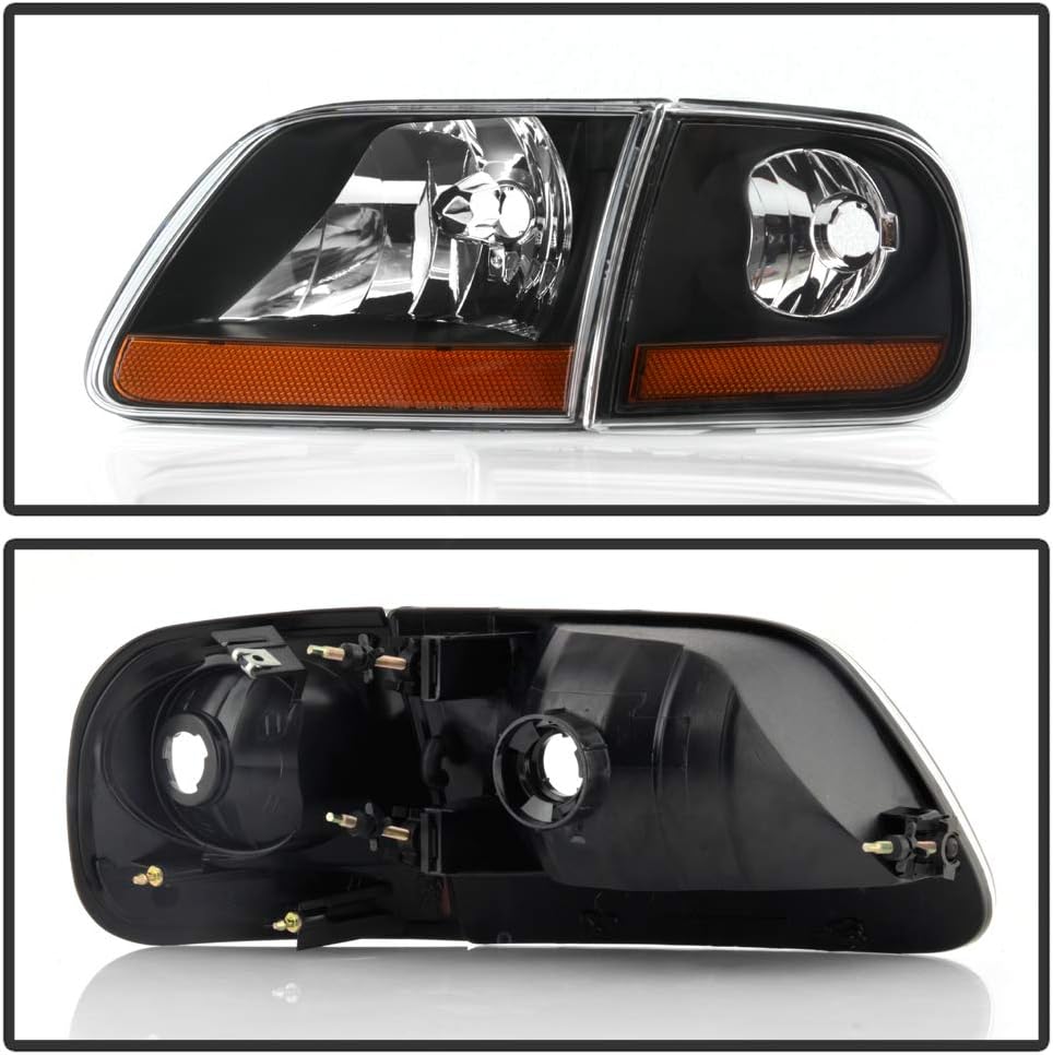 ACANII - For 1997-2003 Ford F150 Black Housing [Harley Davidson Style] Headlights w/Corner Lights Assembly Left+Right
