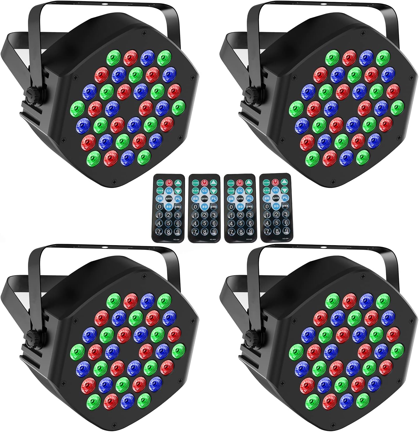 WGSS 36 LED RGB Par Cans Lights 4 Pack, DJ Stage Wash Light DMX 7 Channel Sound Activated Strobe Remote Uplighting Indoor for Events Wedding Church Disco Party Dance Floor