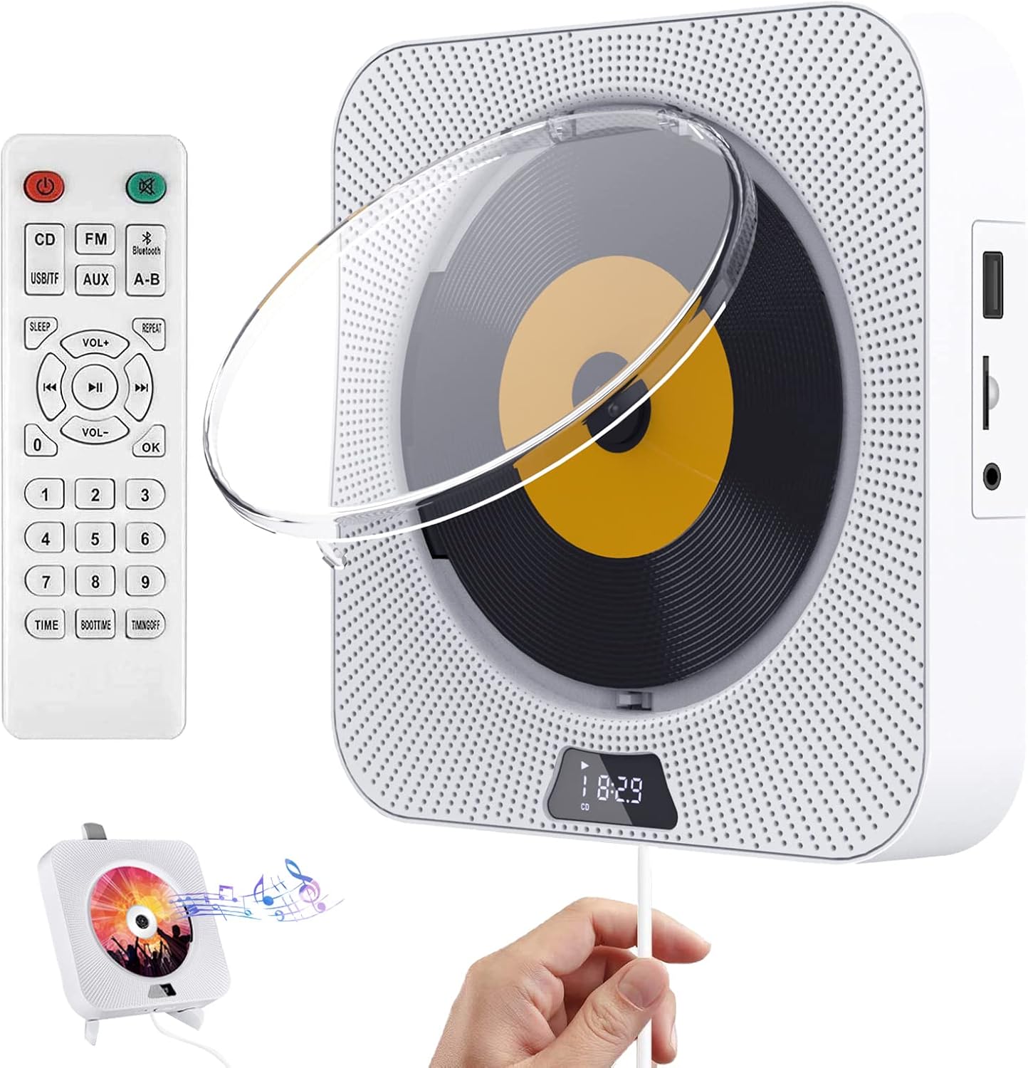 Portable CD Player with Bluetooth, Wall Mountable CD Player with Dust Cover,FM Radio,Built-in Speakers,USB Port,AUX Input,LCD Display Pack of 2