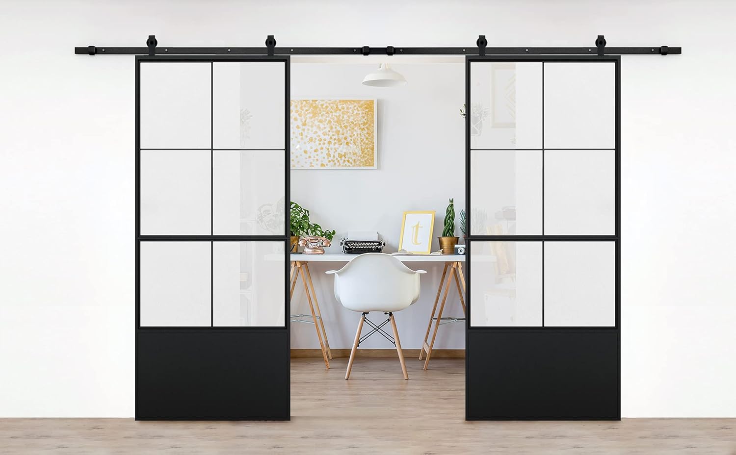 JUBEST Double Barn Door 72 x 84 in with 12FT Hardware Kit and Soft Close Mechanism, 2 Sets of 36x84 in Clear Tempered Glass Carbon Steel Frame Barn Door,Pocket Interior Door, Easy Assembly