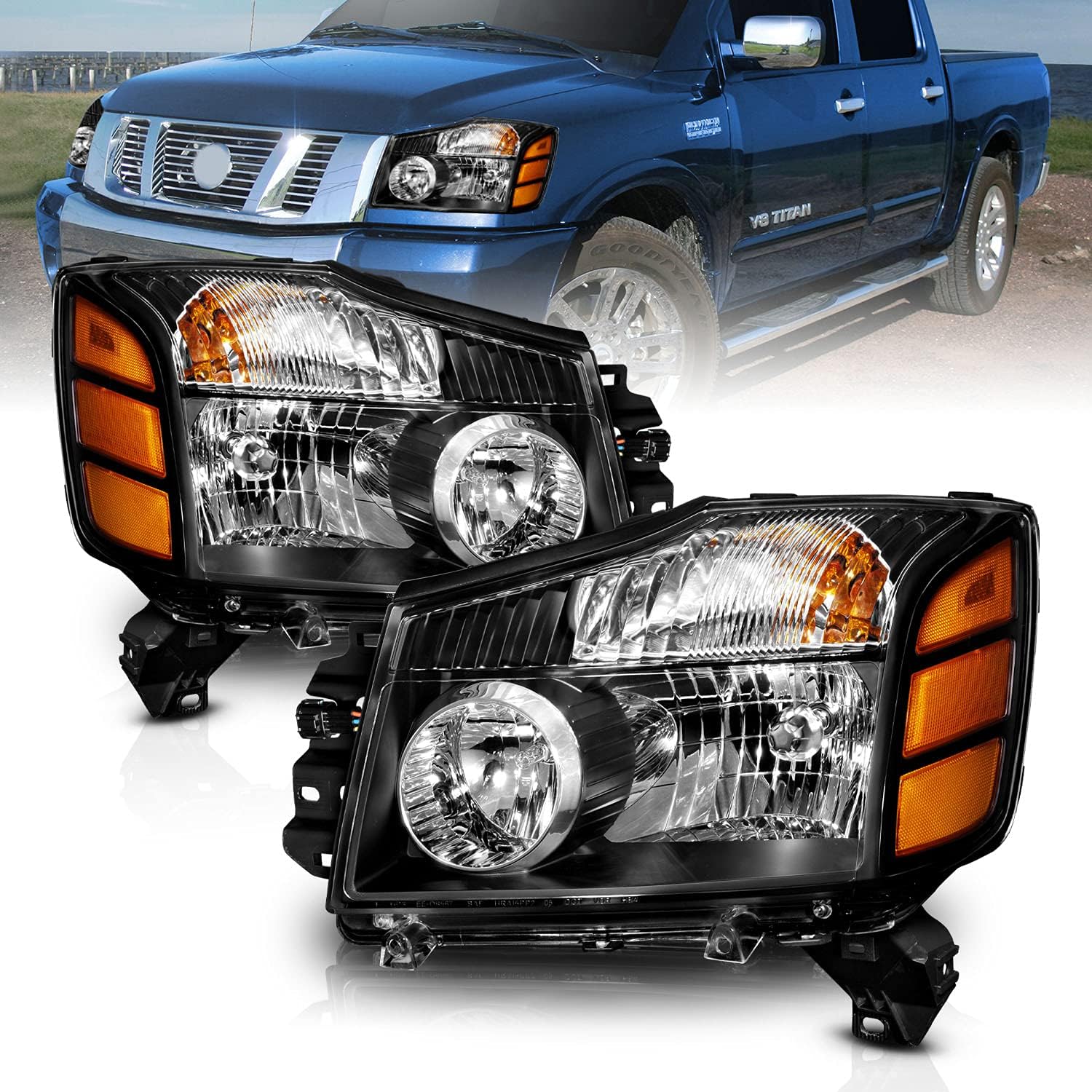 AmeriLite Black Replacement Headlights Amber Reflector for Armada/Titan - Passenger and Driver Side