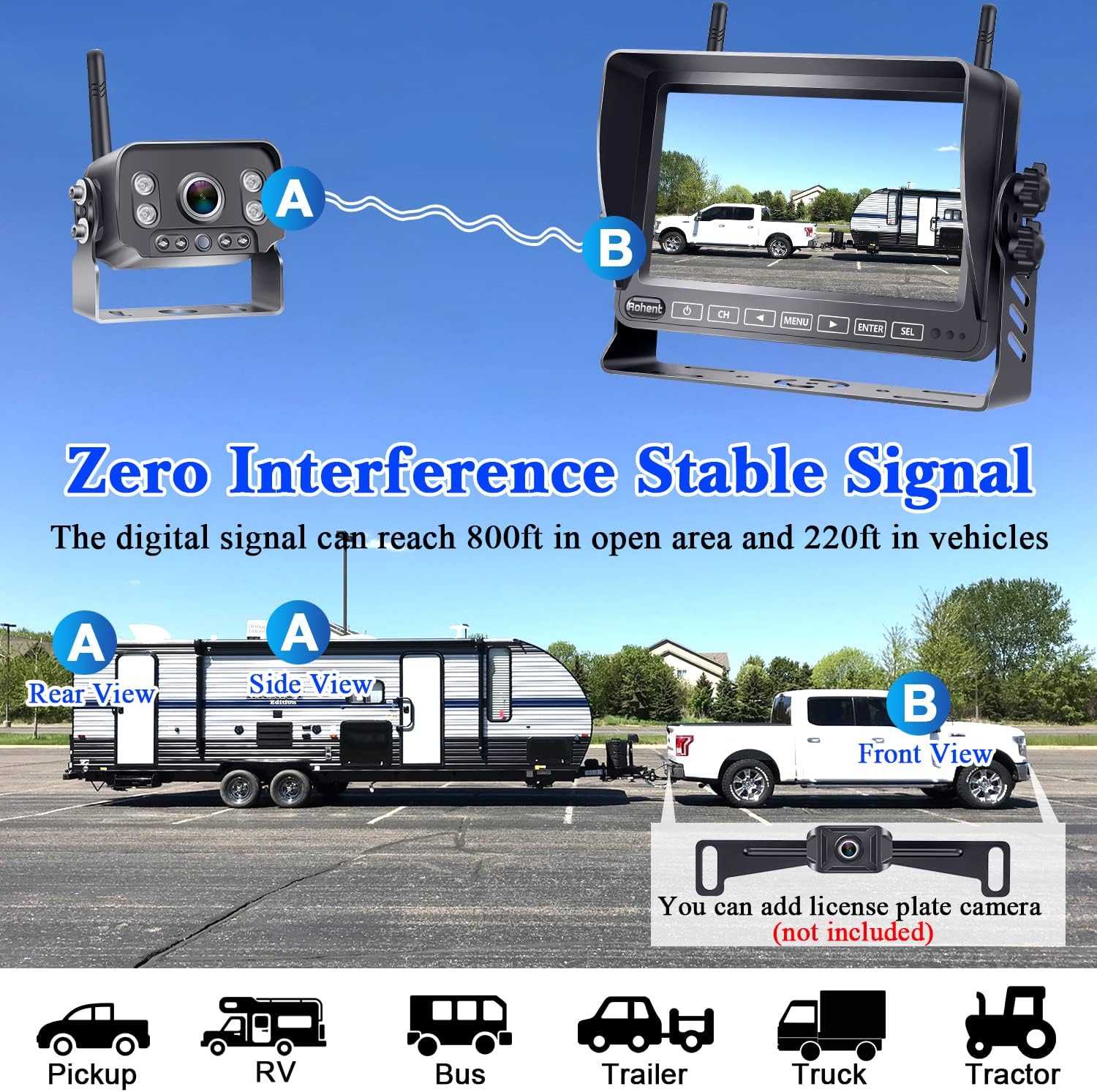 Wireless Backup Camera RV HD 1080P 7 Inch Touch Key DVR Monitor Rear View System Infrared Night Vision Waterproof for Truck Trailer Camper 5th Wheel Split Screen 4 Channels Digital Signals Rohent R9