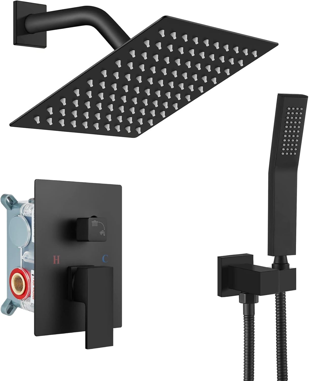 Rainfall Shower System Matte Black with High Pressure 10 inch Shower Head Hand Held Square Shower Head Bathroom Luxury Rain Mixer Shower Complete Combo Set Wall Mounted