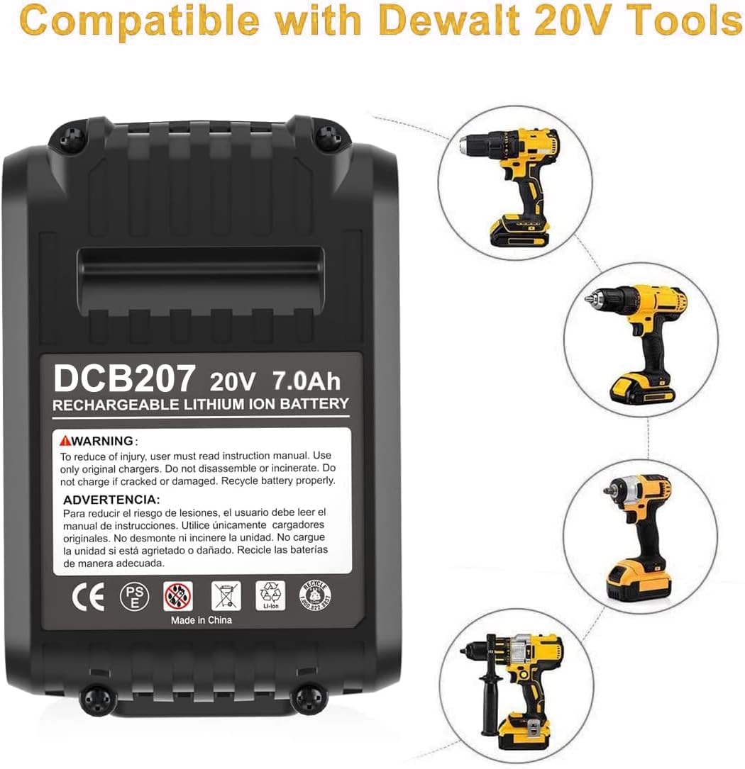 2 Packs Amsbat 7.0Ah DCB207 Battery Compatible with Dewalt 20V Battery Max Lithium DCB200 DCB201 DCB203 DCB204 DCB205 DCB206 Pack of 2