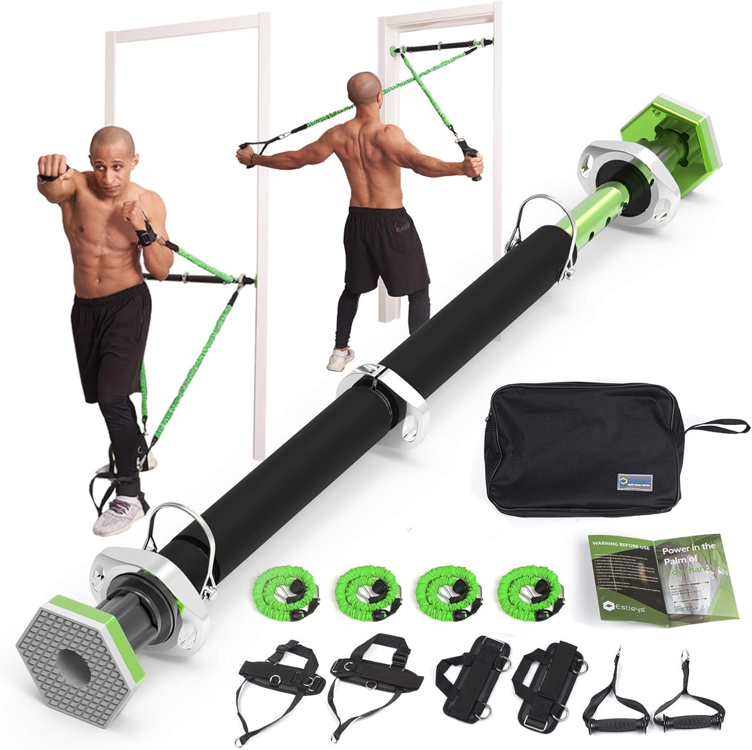 Estleys G3 PRO Full Portable Home Gym Workout Package, Pull Up Bar for Doorway + Resistance Bands, Portable Horizontal Chin Up Bar for Adjustable Width, Build Muscle and Burn Fat