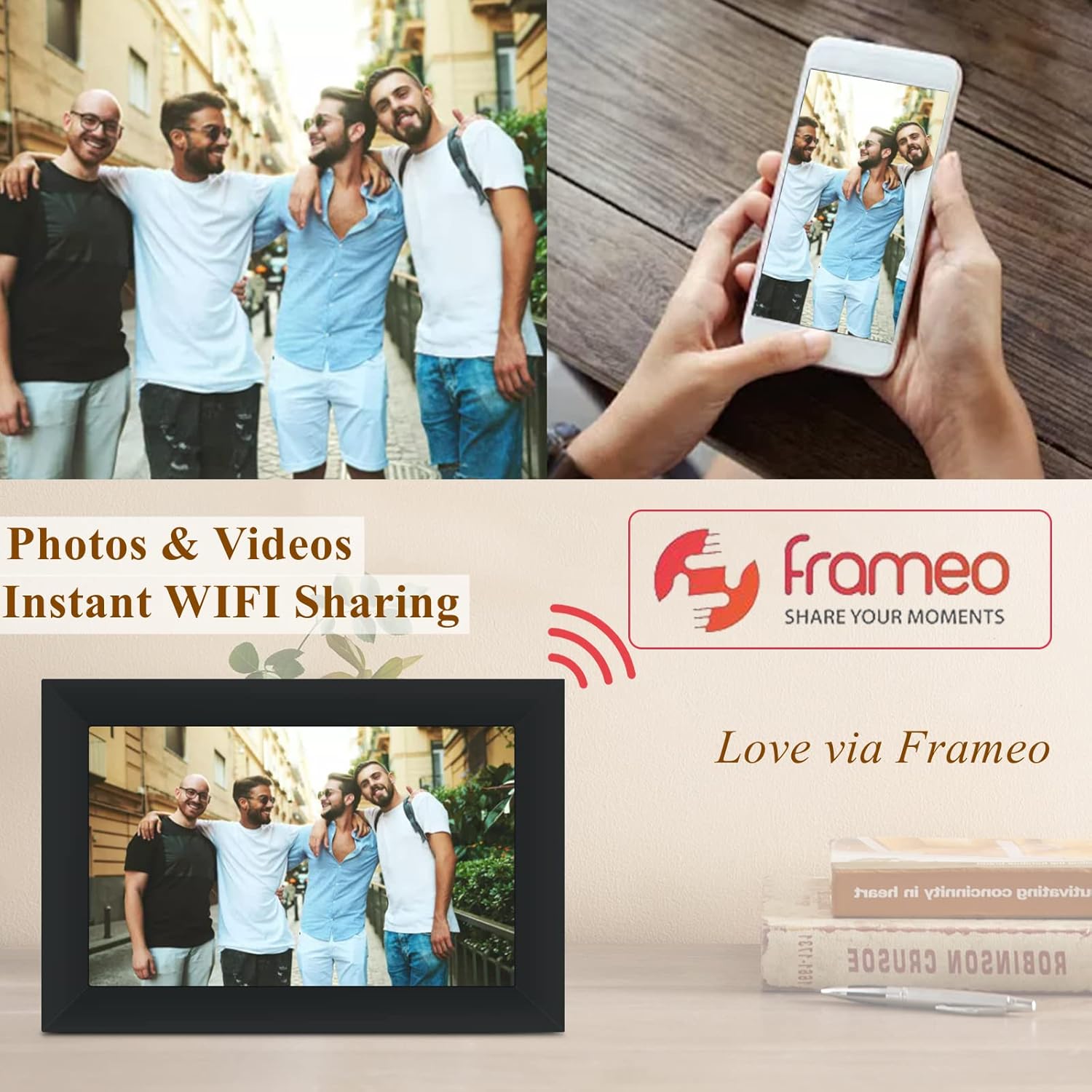 FRAMEO 10.1 inch WiFi Digital Photo Frame, 1280x800 IPS Touch Screen, 16GB Storage, Auto-Rotate, Wall Mounted, Easy Setup Share Photos & Videos Instantly via Frameo App from Anywhere