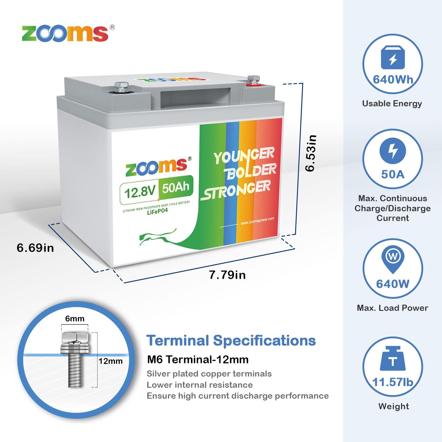 Zooms 12.8V 50Ah Lithium Portable LiFePO4 Battery, Ideal Replacement for 12V 100Ah AGM SLA Battery, Built-in BMS, 4000-8000 Cycles & 10-Year Lifetime, Perfect for RV, Camper, Security Devices, etc.