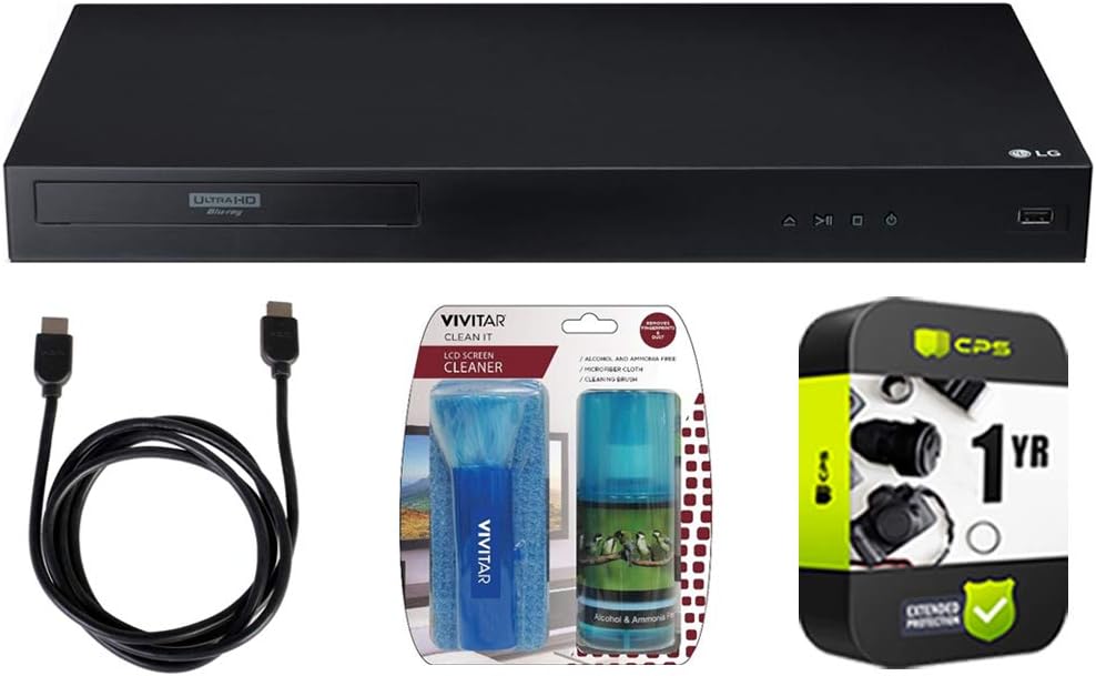 LG UBK80 4k Ultra-HD Blu-Ray Player with HDR Compatibility Bundle with LCD Screen Cleaner with Micro Fiber Cloth and Cleaning Brush, 6ft High Speed HDMI Cable Black, 1 YR CPS Protection Pack
