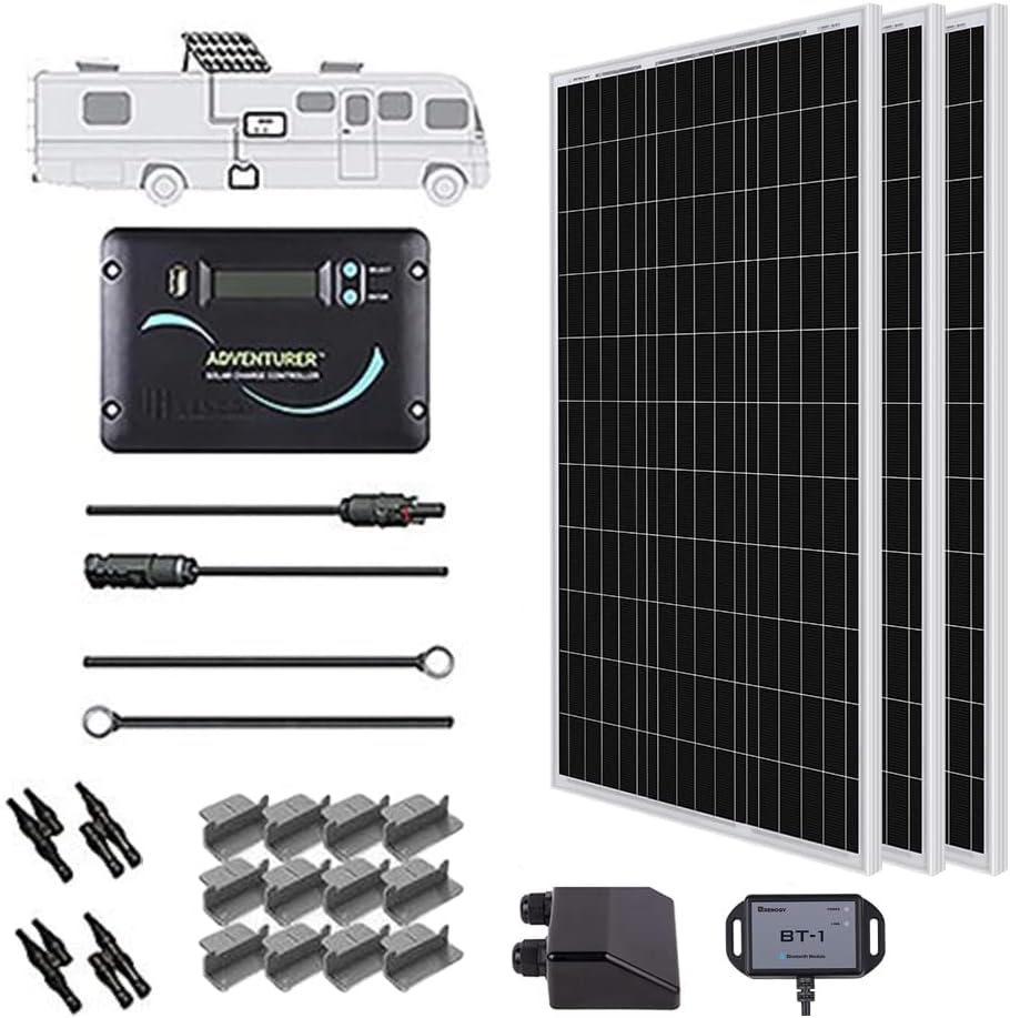 Renogy 300 Watts 12 Volts Monocrystalline Solar RV Kit with 30A PWM LCD Charge Controller/Solar Panel Connectors/Tray Cable/Corner Bracket Mount/Cable Entry housing for RV, Boat