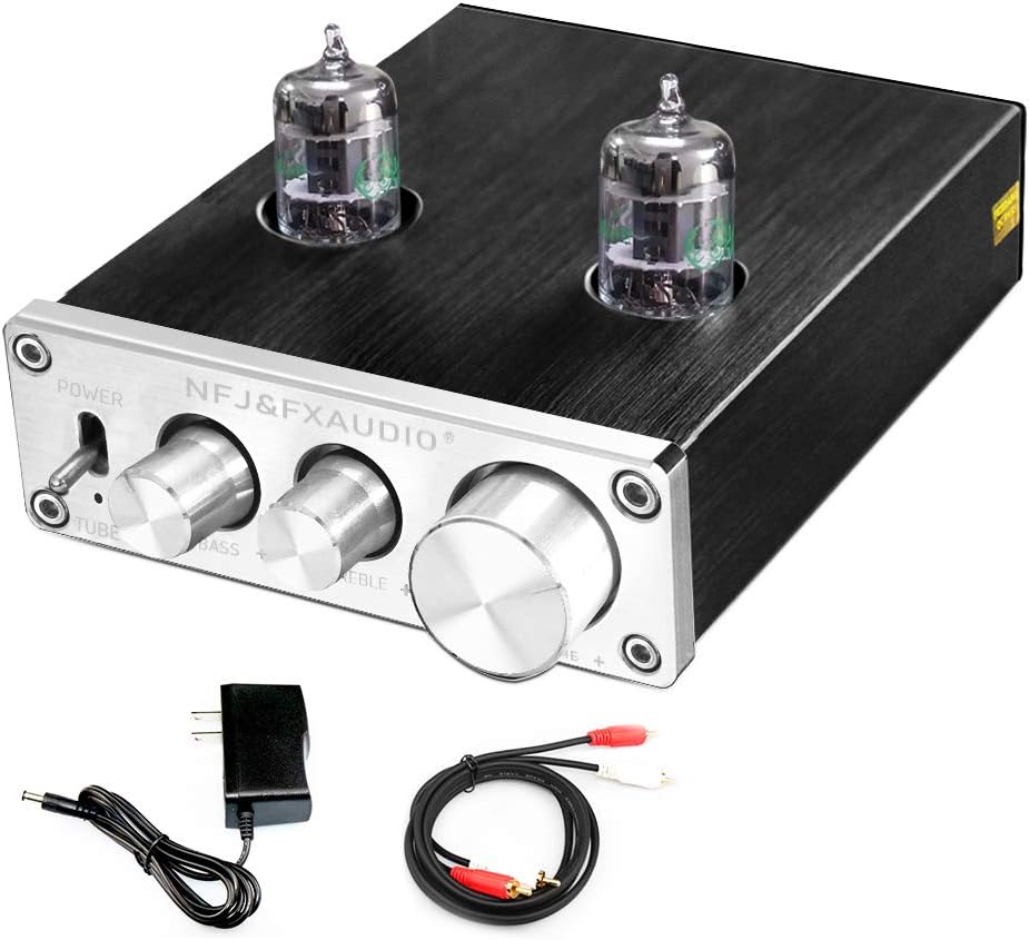 FX-AUDIO TUBE-03 Tube Preamp GE5654 Tube Hi-Fi Tube Preamplifier with Bass & Treble Control Home Theater Stereo Audio Preamplifier DC 12V (Silver) Pack of 2