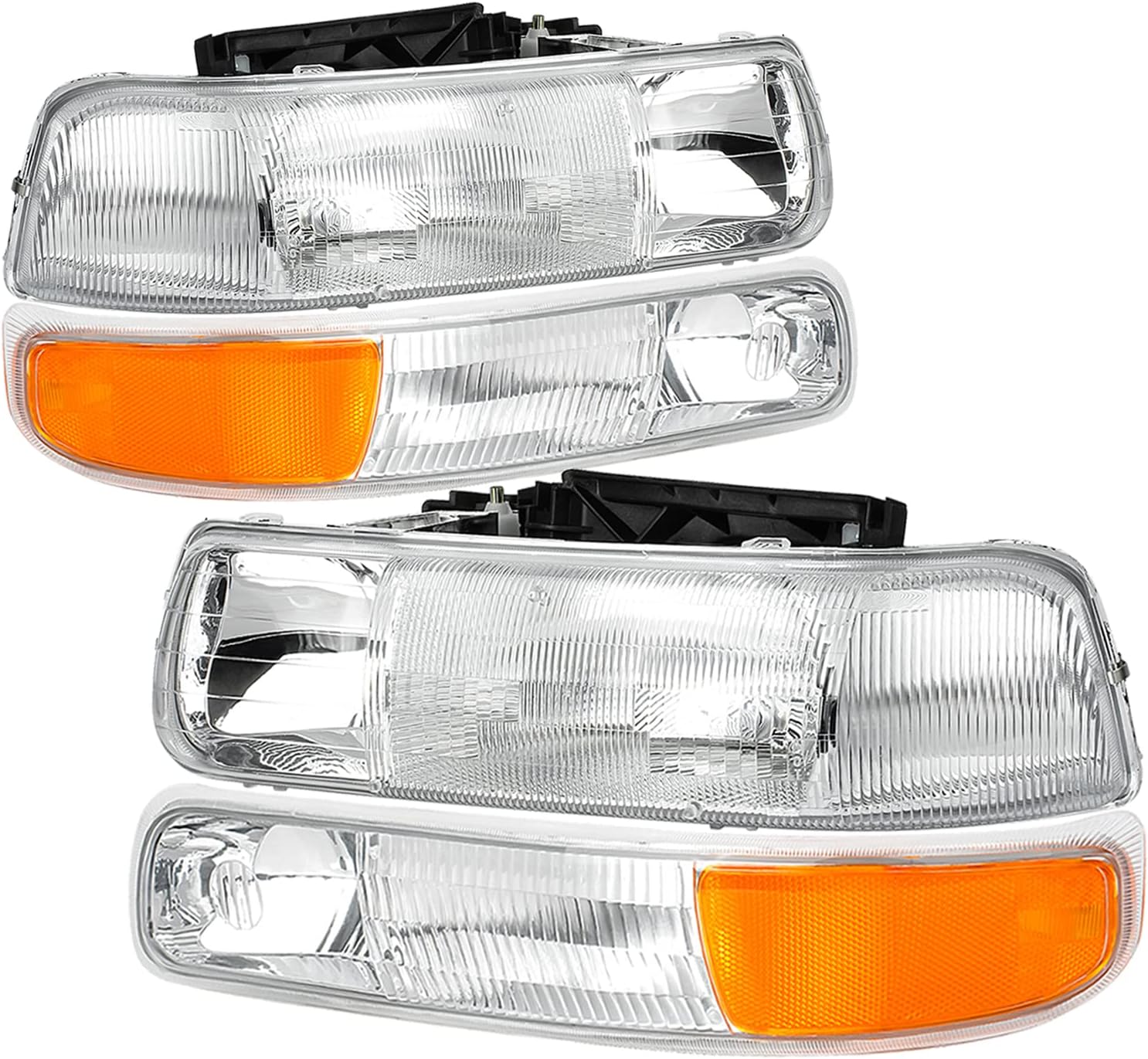 REINKO Factory Style Headlights with Bumper Lights Assembly Set Compatible with 1999-2002 Chevy Silverado 2000-2006 Suburban Tahoe, Chrome Housing Clear Lens Pack of 2