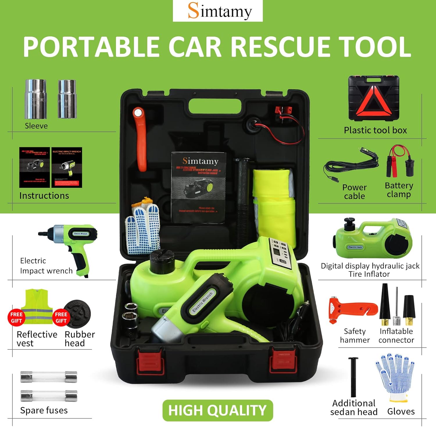 Simtamy Electric Car Jack Kit 5 Ton(11,000lb) 12V Hydraulic Jack with Electric Impact Wrench, Tire Inflator and LED Light, Portable Emergency Car Lift Tire Change Tools