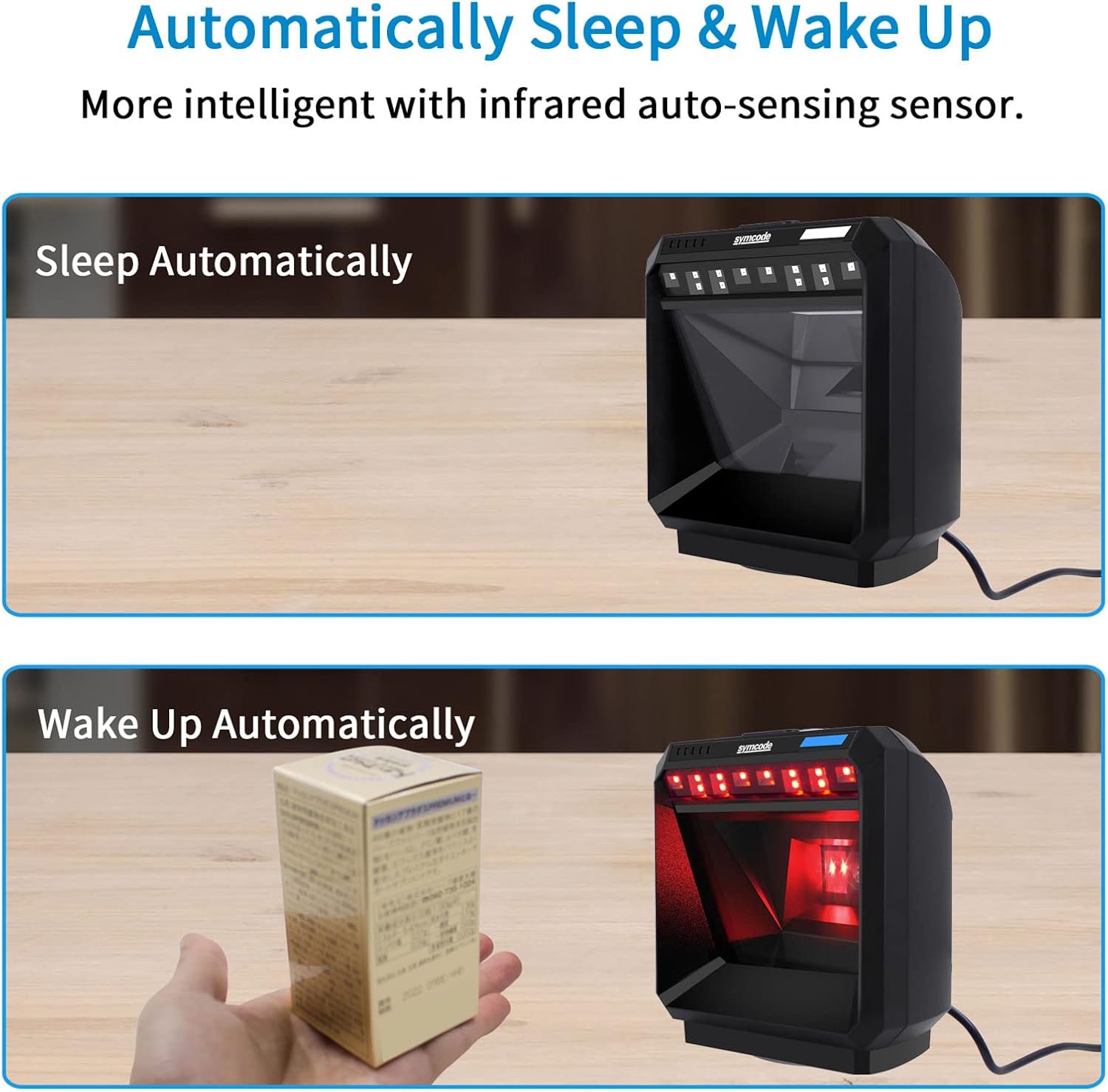 2D Handsfree Barcode Scanner QR Omnidirectional Desktop Bar Code Reader Scanner, USB Wired Automatic Sensing Big Scan Window Barcode Reader for Supermarket Library Retail Store Pack of 2