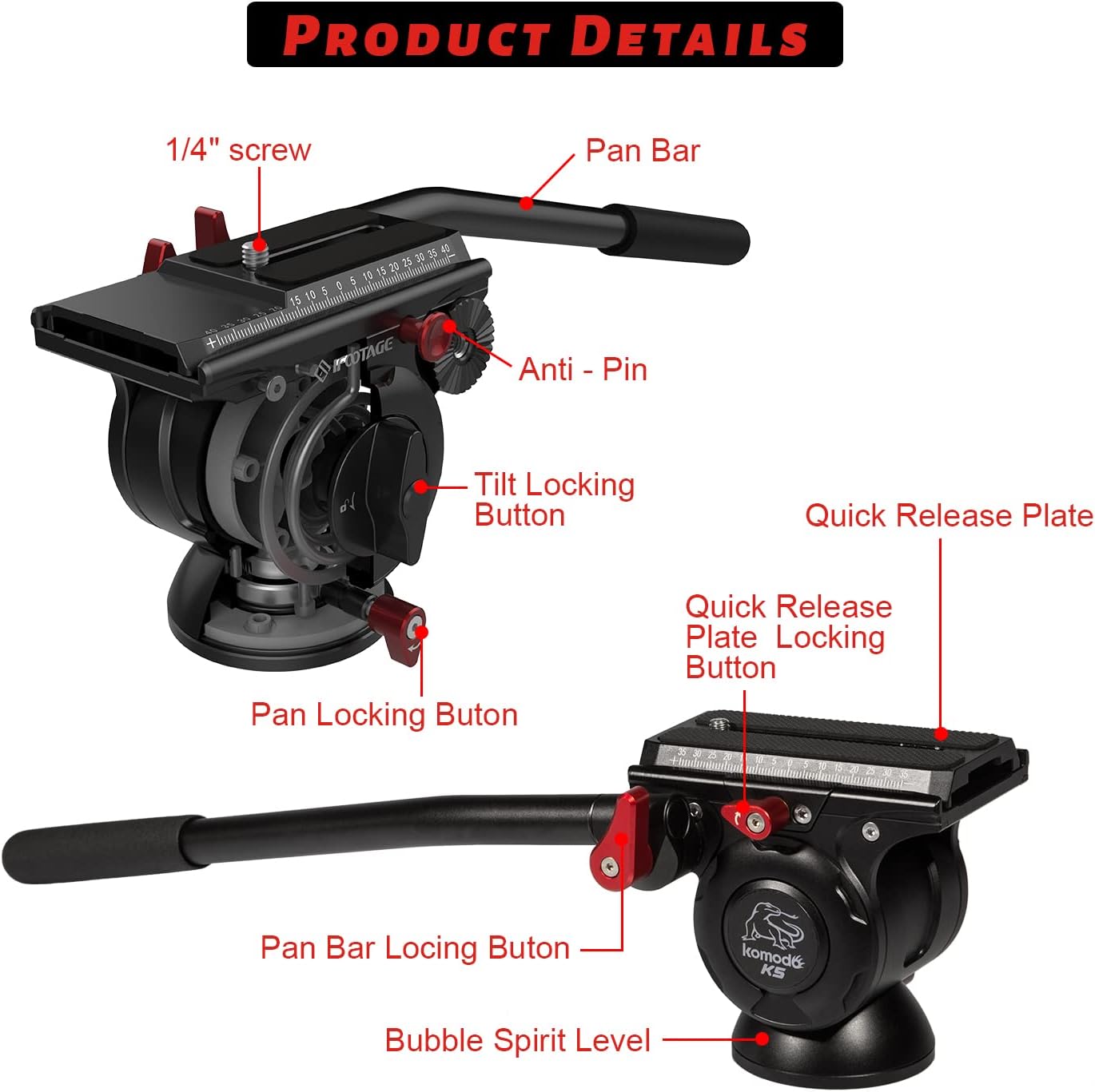 IFOOTAGE Komodo K5 Tripod Fluid Head,Cameras Video Fluid Head with Quick Release Plate CNC Professional Panoramic for Professional Photography, Content Creation, Vlogging and Video Production