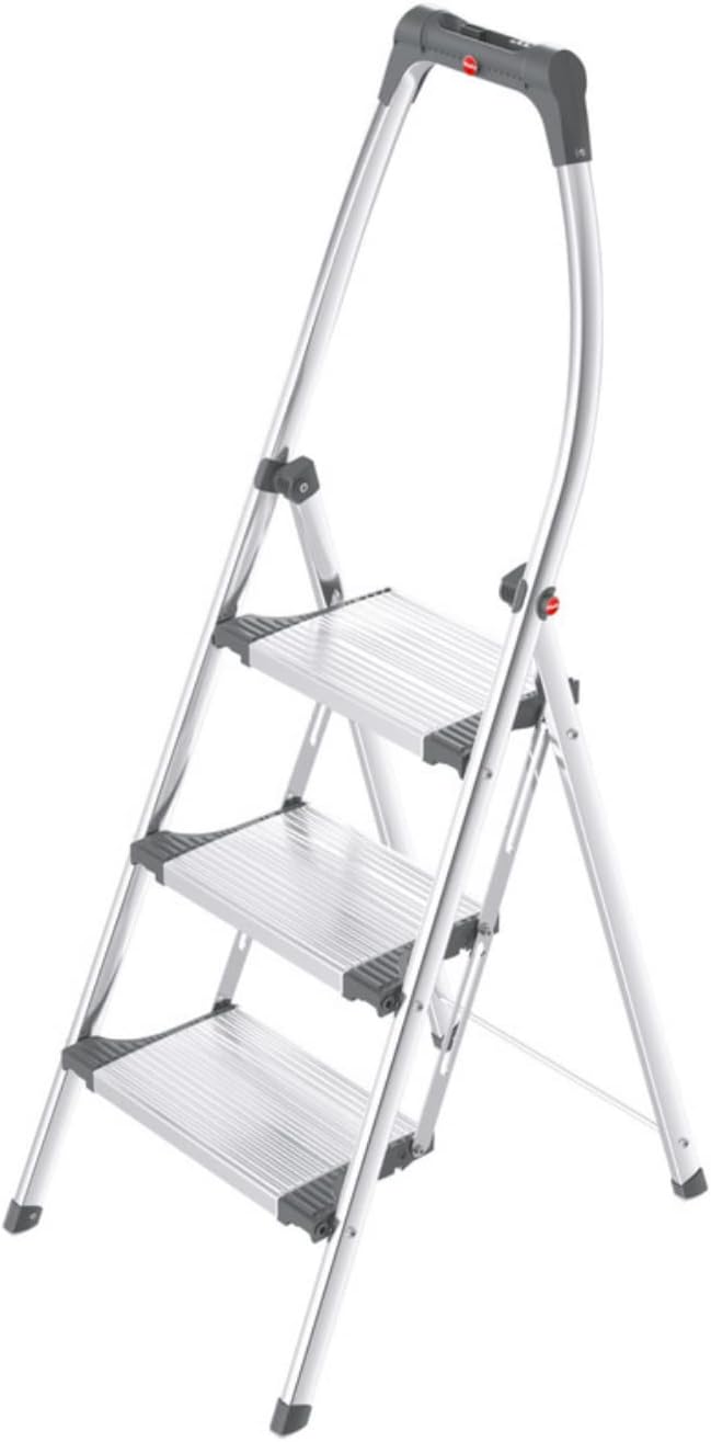 Hailo LivingStep Comfort Plus | Aluminum folding stepladder | Three extra large steps | Stepladder with high curved safety bar and storage tray | Soft-grip base | Rustproof | Silver