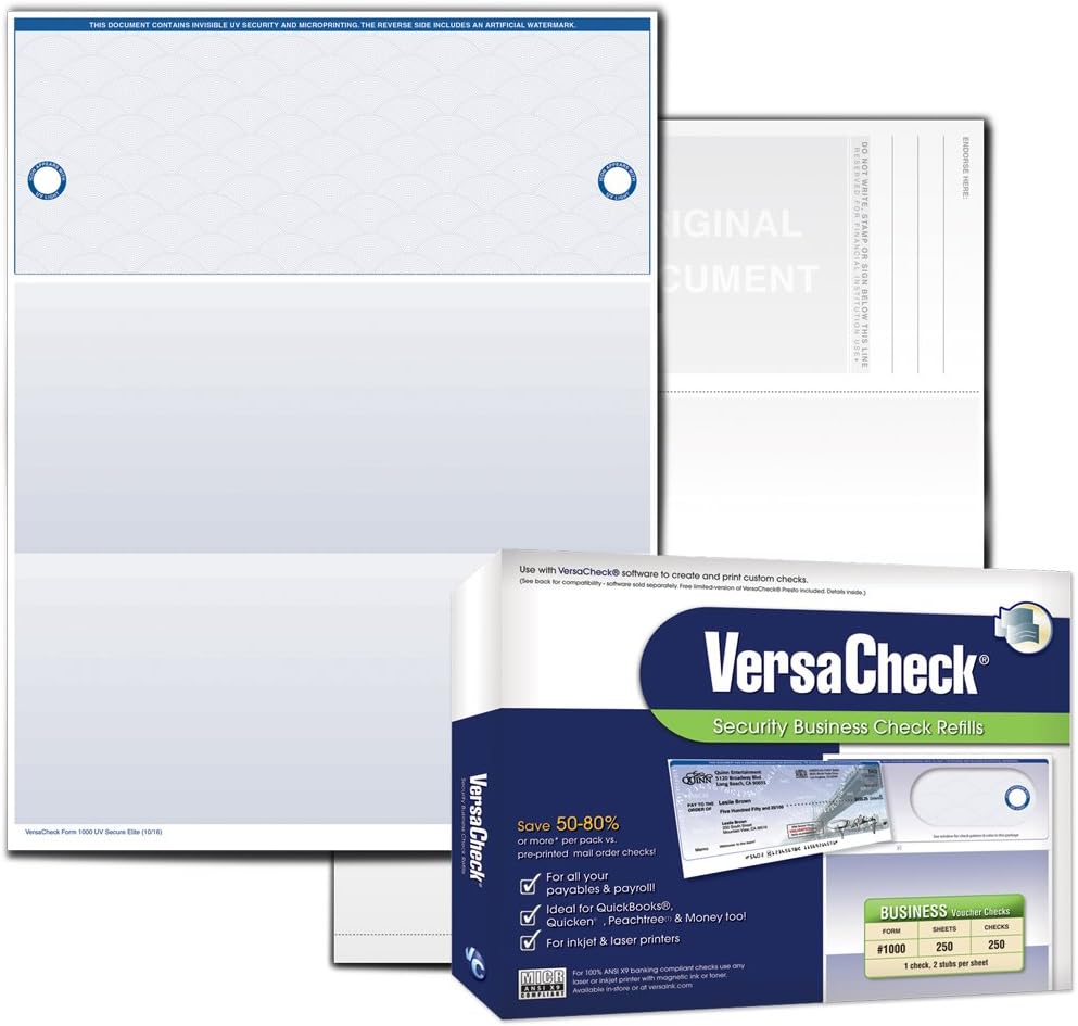 VersaCheck UV Secure Checks - 250 Blank Business Voucher Checks - Blue Elite - 250 Sheets Form #1000 - Check on Top Pack of 2