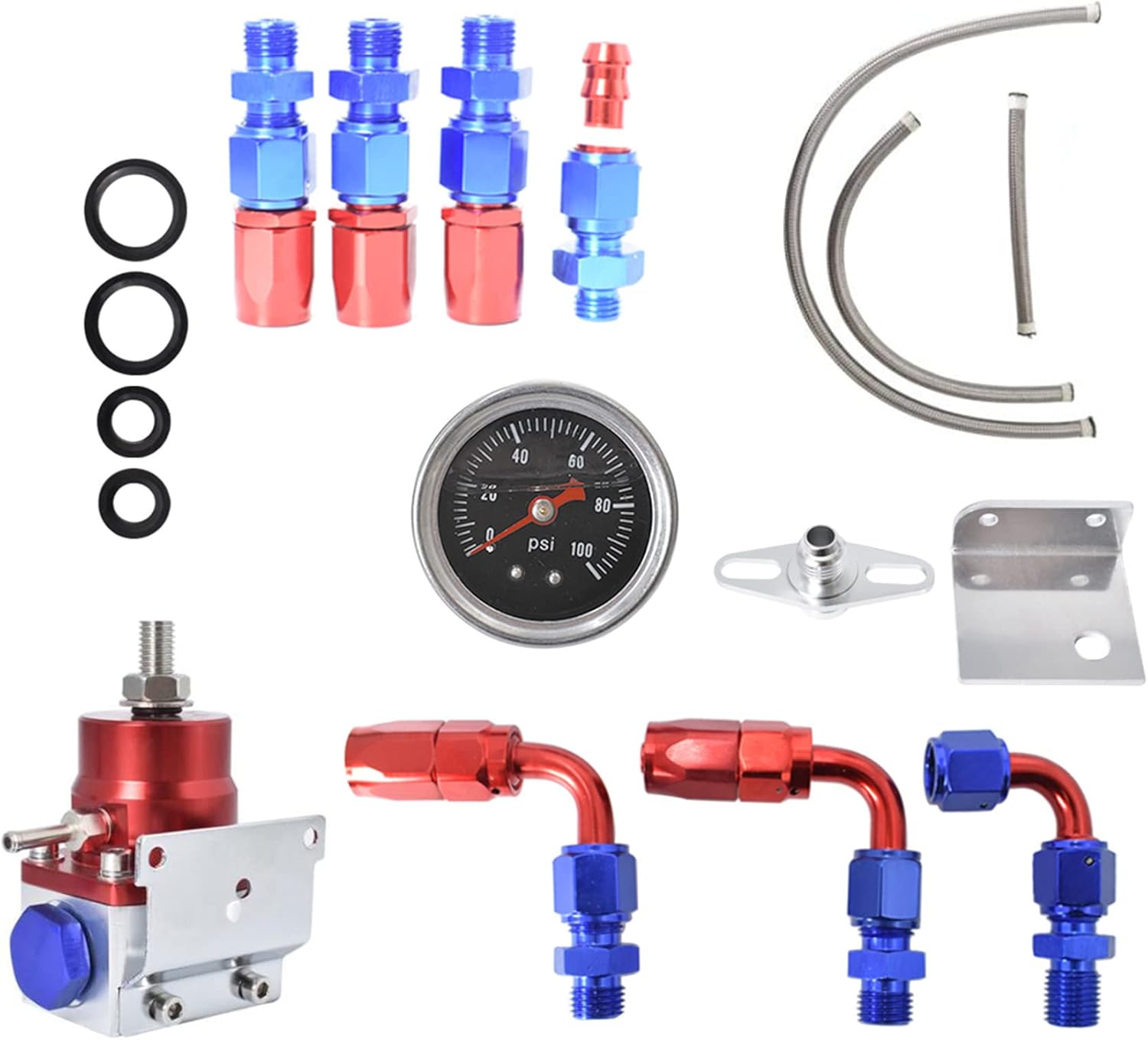 marddpair 0-100 Psi Blue Red Universal Fuel Pressure Regulator Kit with Gauge and AN-6 Fuel Line Hose Pack of 2