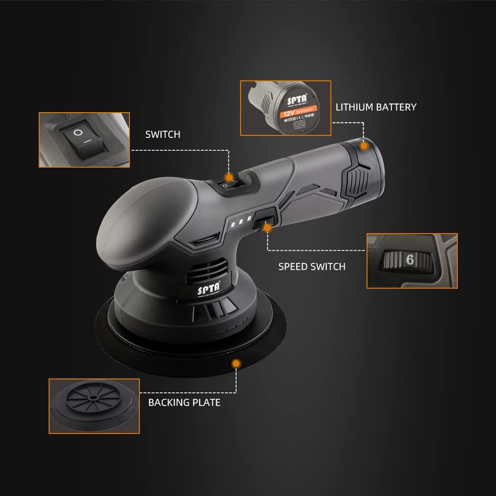 Cordless Car Buffer Polisher, SPTA Polisher with 2Pcs 12V Lithium Rechargeable Battery Brushless Polisher with Variable Speed, 2.0Ah Portable Buffer Polishing Pads Kit For Buffing/Polishing/sanding