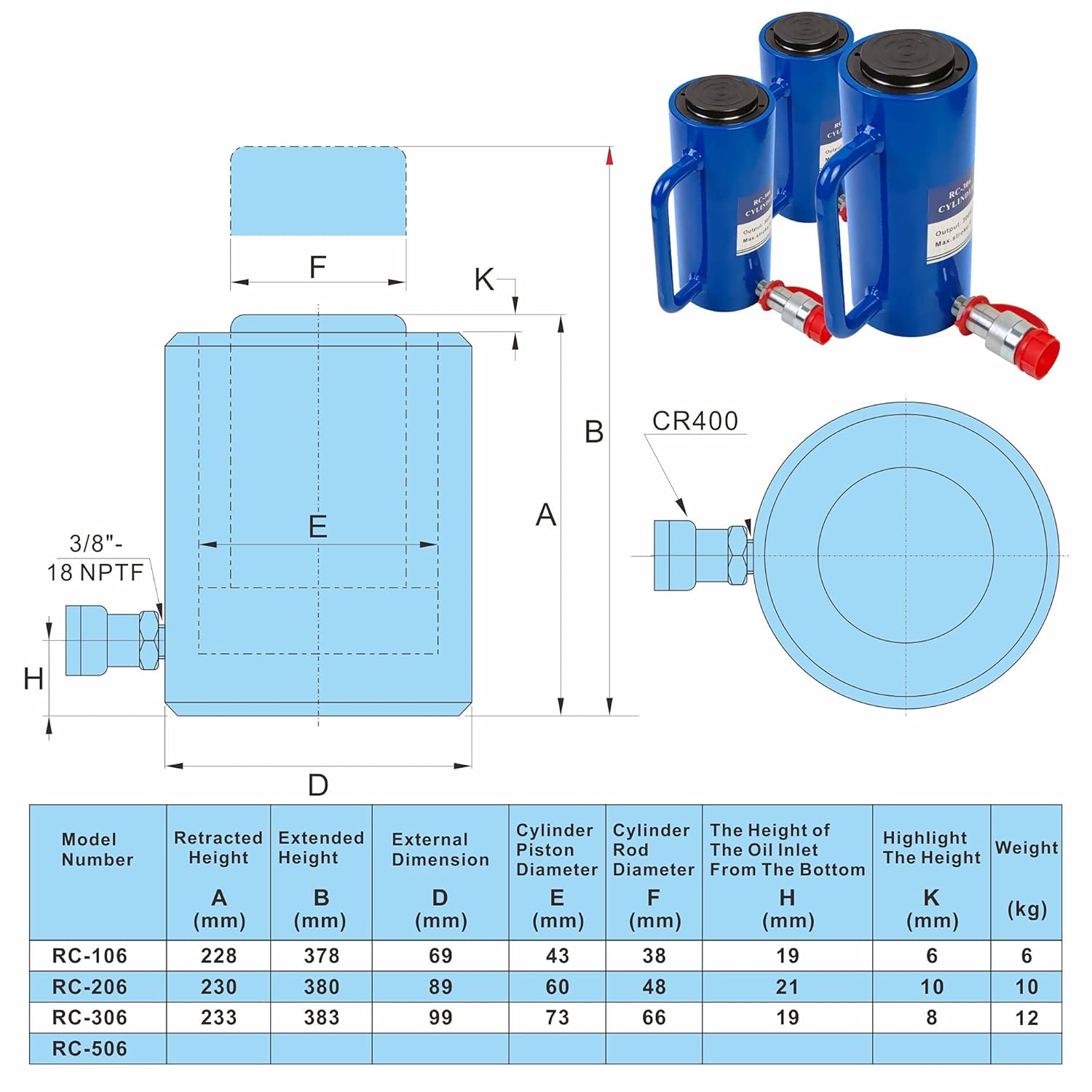 AMZCNC 10 Ton Hydraulic Cylinder Ram Single Acting 6
