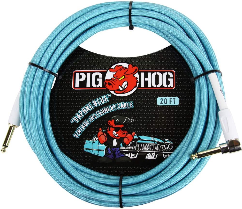 Pig Hog Vintage-Series Woven Instrument Cable (Daphne Blue, 20', Right Angle), 2-Pieces Bundle Pack of 2