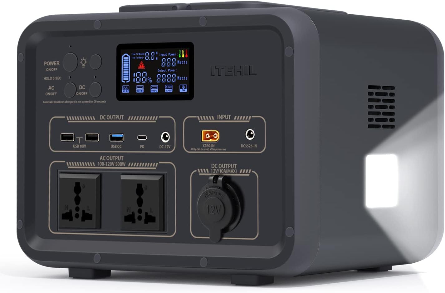 ITEHIL Power Station, 500W Portable Power Station, 500Wh Solar Generator, LiFePO4 Mobile Lithium Backup Battery with LED Display and 2 100-120V AC Outlets,12v/10A Car Port, USB-A QC 3.0 Fast Charging, 3 USB-A Output, Widely Use Emergency Power for Ca