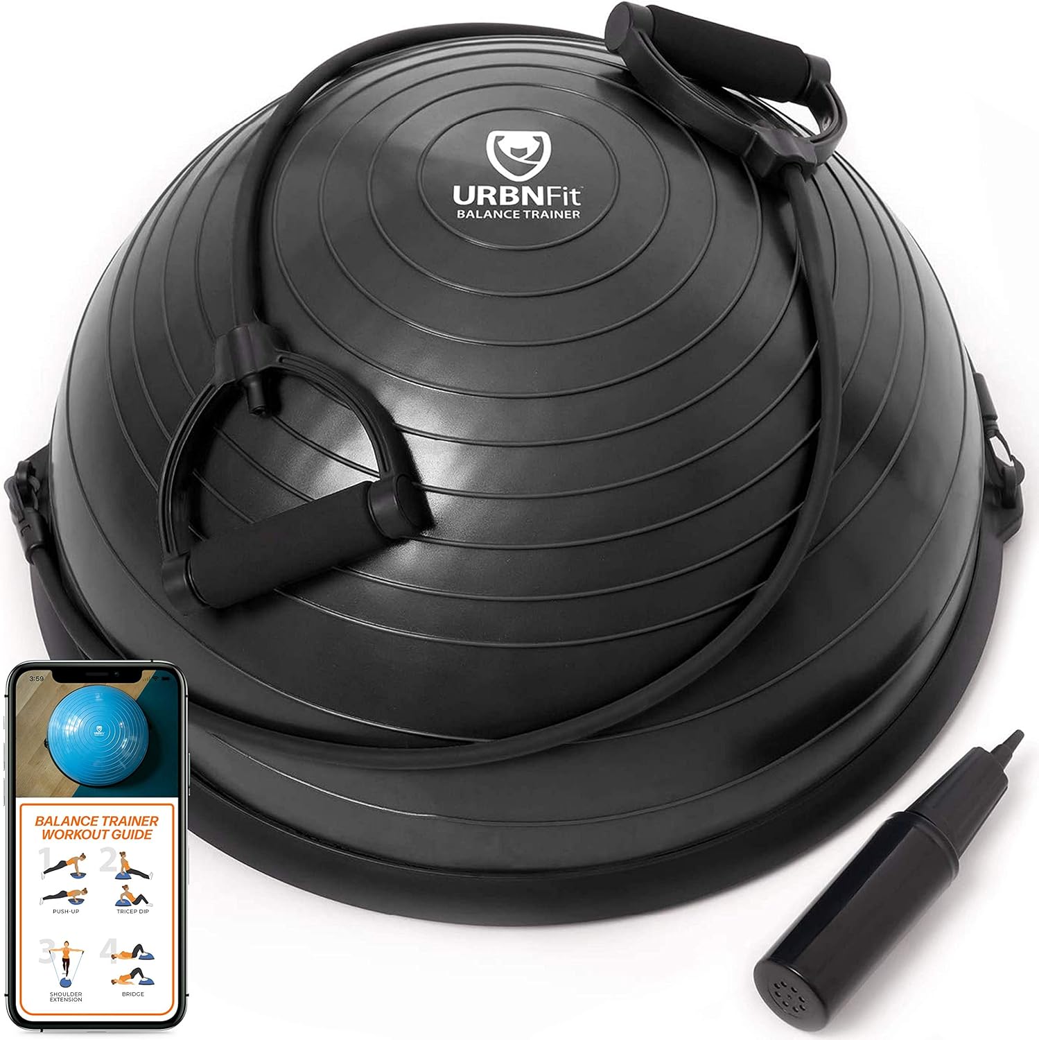 URBNFit Balance Ball - Half Yoga Ball Trainer for Core Stability and Full-Body Workout with Resistance Bands, Pump and Exercise Guide - Fitness & Home Gym Equipment﻿ Pack of 2
