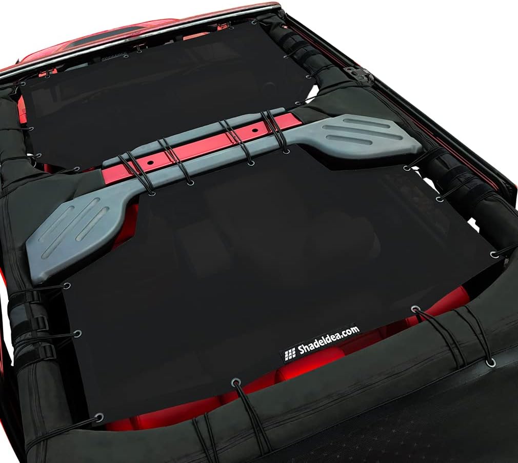 Shadeidea JK Sun Shade for Jeep, JKU 4 Door Top Sunshade, Front & Rear -( Black Mesh Screen, NO Faded Pug ) Wrangler Cover (2007-2018), UV Blocker -10 Years Lasting