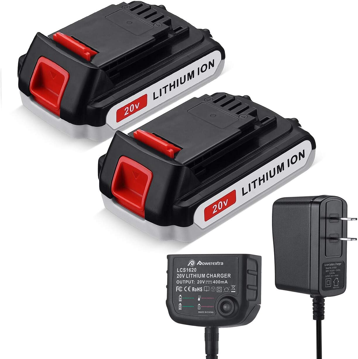Powerextra 2 Pack LBXR20 Battery 3.0Ah Replace for Black and Decker 20V MAX + 20V Charger for Black Decker 20V MAX 20V Pack of 2