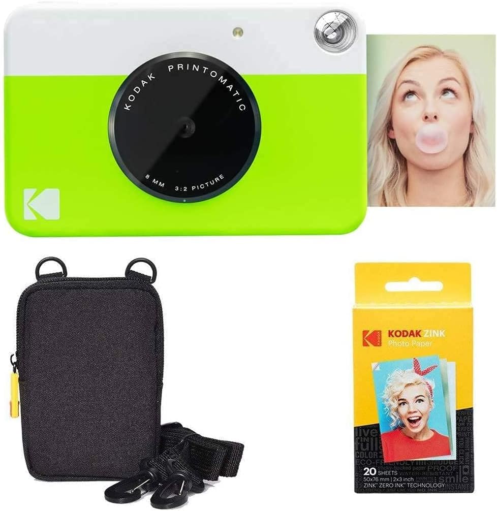 Kodak Printomatic Instant Camera (Green) Basic Bundle + Zink Paper (20 Sheets) + Deluxe Case Pack of 2