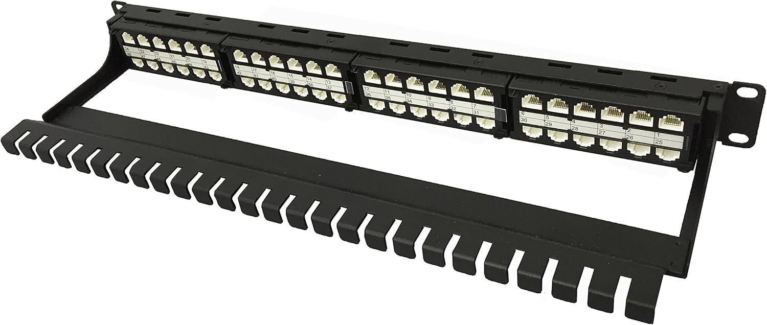 R.J. Enterprises® -HDPP-C6-48 ONE U-No Punch Down,Cat6,Patch Panel (10 Gig,TOOL-LESS, Feed Through,High Density) 48 Port in 1 U-Rack Mount-Data Center-Telecom Room,Collocation,PoE+ Compliant, Ethernet