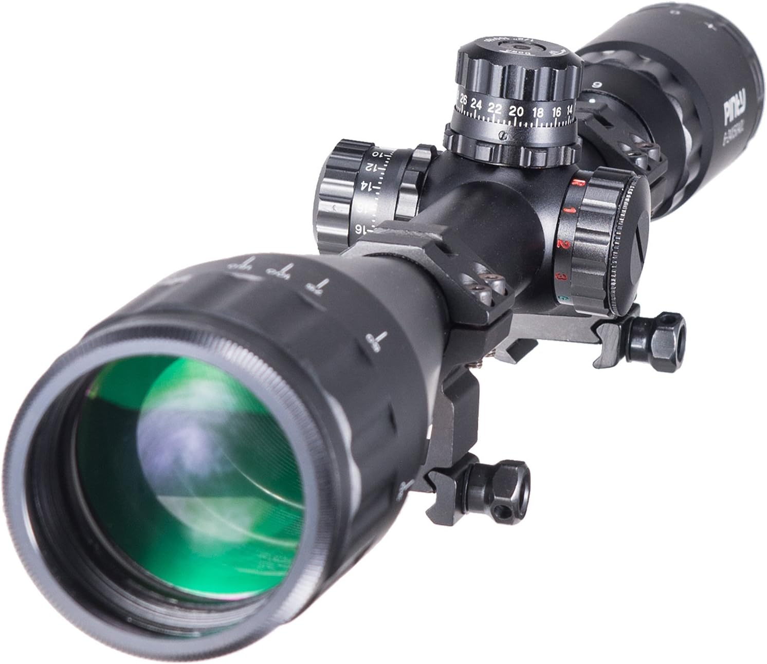 Pinty 6-24x50 AO Red Green Blue Illuminated Mil Dot Scope with Sunshade Tube & Flip-Open Covers Pack of 2