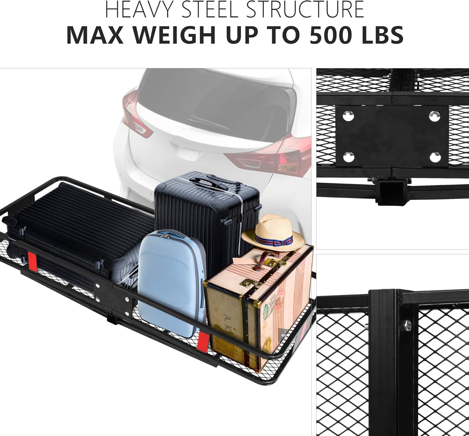 CARSTY 60” x 24” x 6.5” Hitch Mounted Folding Cargo Carrier, 500LBS Capacity Heavy Duty Basket Rack, Fit 2