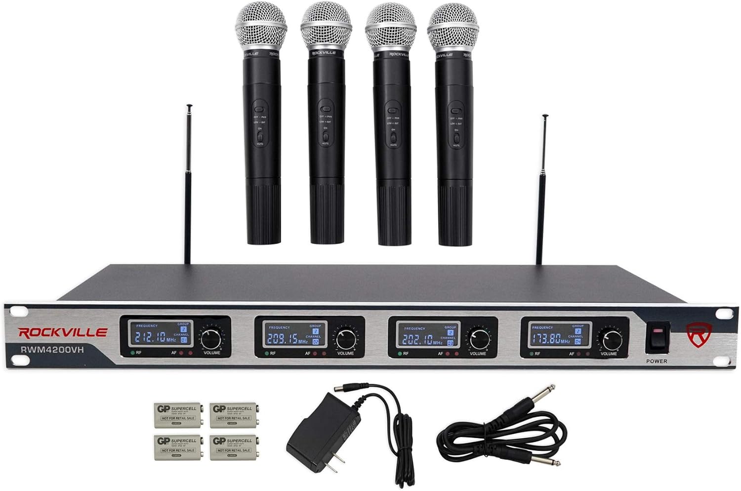 Rockville RWM-4US Quad Wireless UHF 4 Microphone System w/Adjustable Frequency