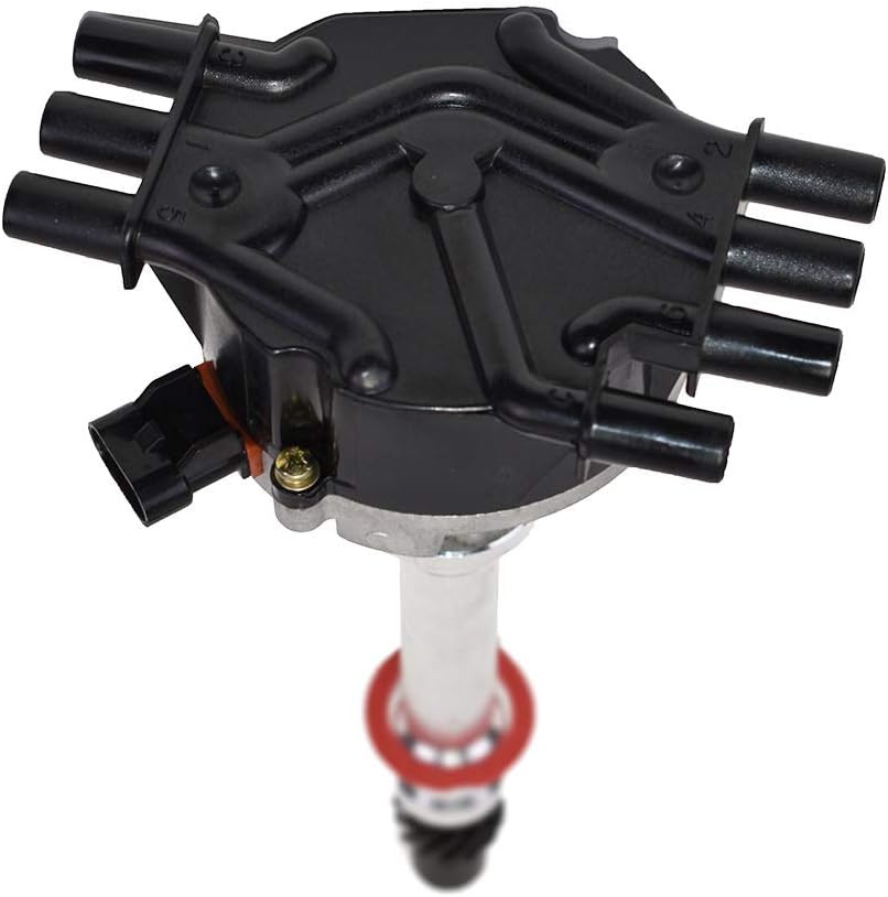 A-Team Performance - Complete EFI Distributor Black Cap 6 Cylinders Vortec 1995-2007 with Red Silicone Spark Plug Wires Set 2-in-1 Kit - Compatible with Chevy GM Chevrolet V6 4.3L Pack of 2