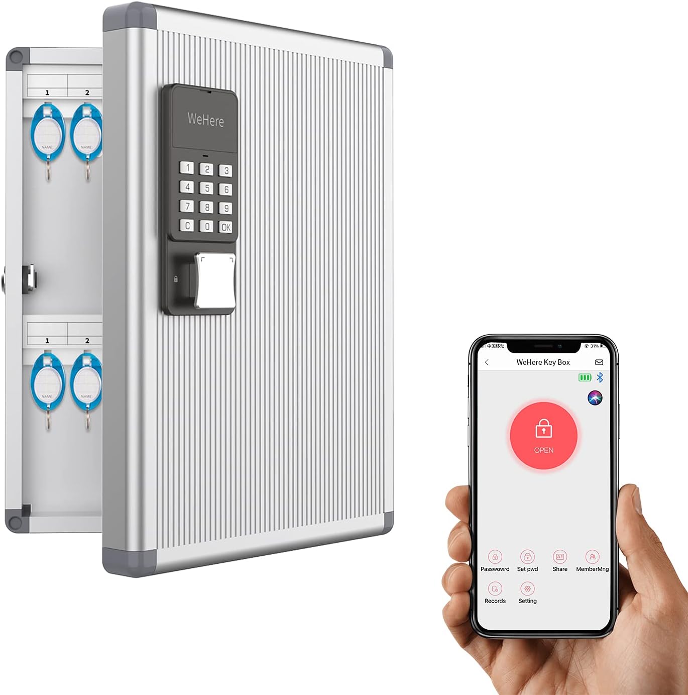 WeHere Key Box with Banking OTP(One-Time Password) Technology(32Keys),Key Box Wall Mount with Code keypad,Key Lock Box Organizer,Multiple Unlock Ways,App Remote/Password/Bluetooth Unlock Pack of 2