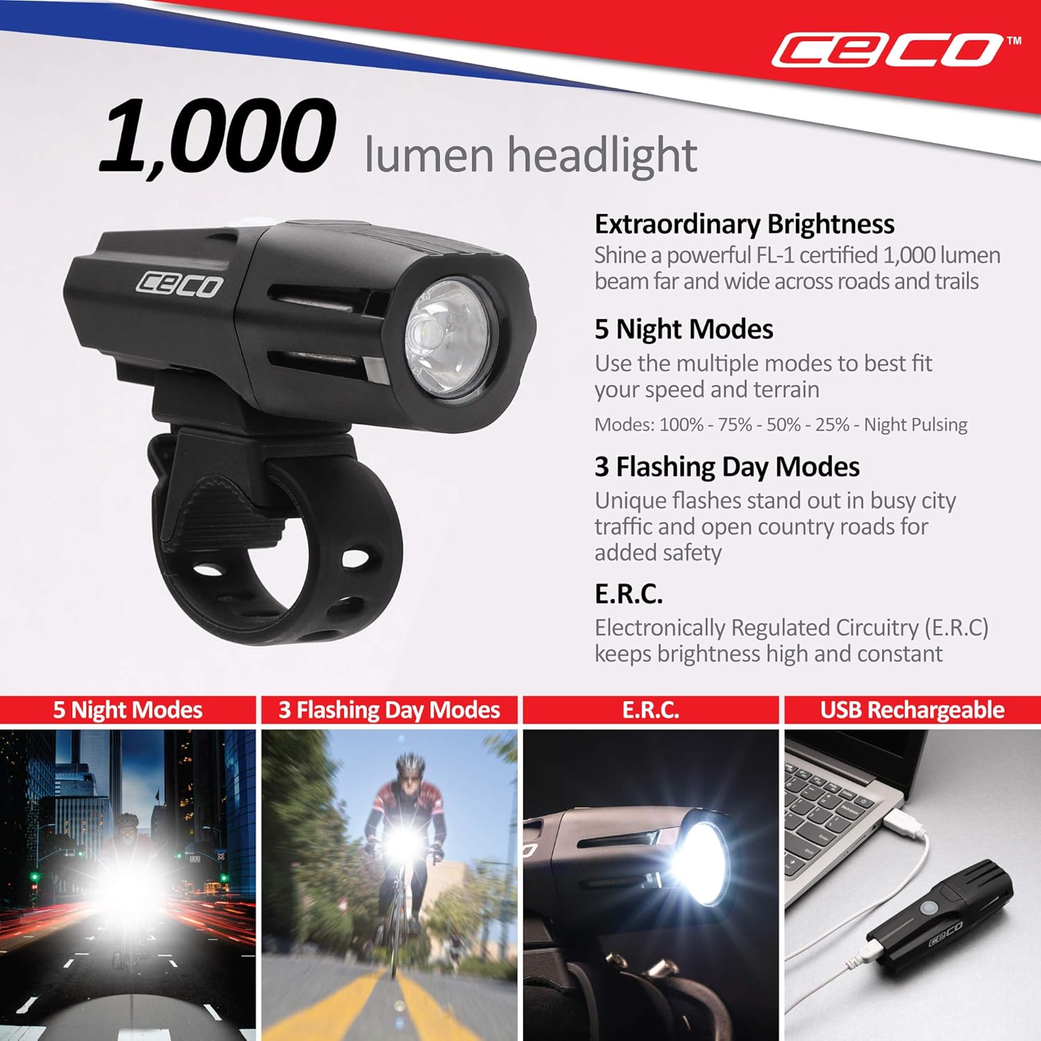CECO-USA: 1,000 Lumen Headlight & 100 Lumen Tail Light Combo Pack for Cyclists who Want to See far & to be seen from afar. Brightest USB Rechargeable Bike Light Set Available for All Cyclists Pack of 2