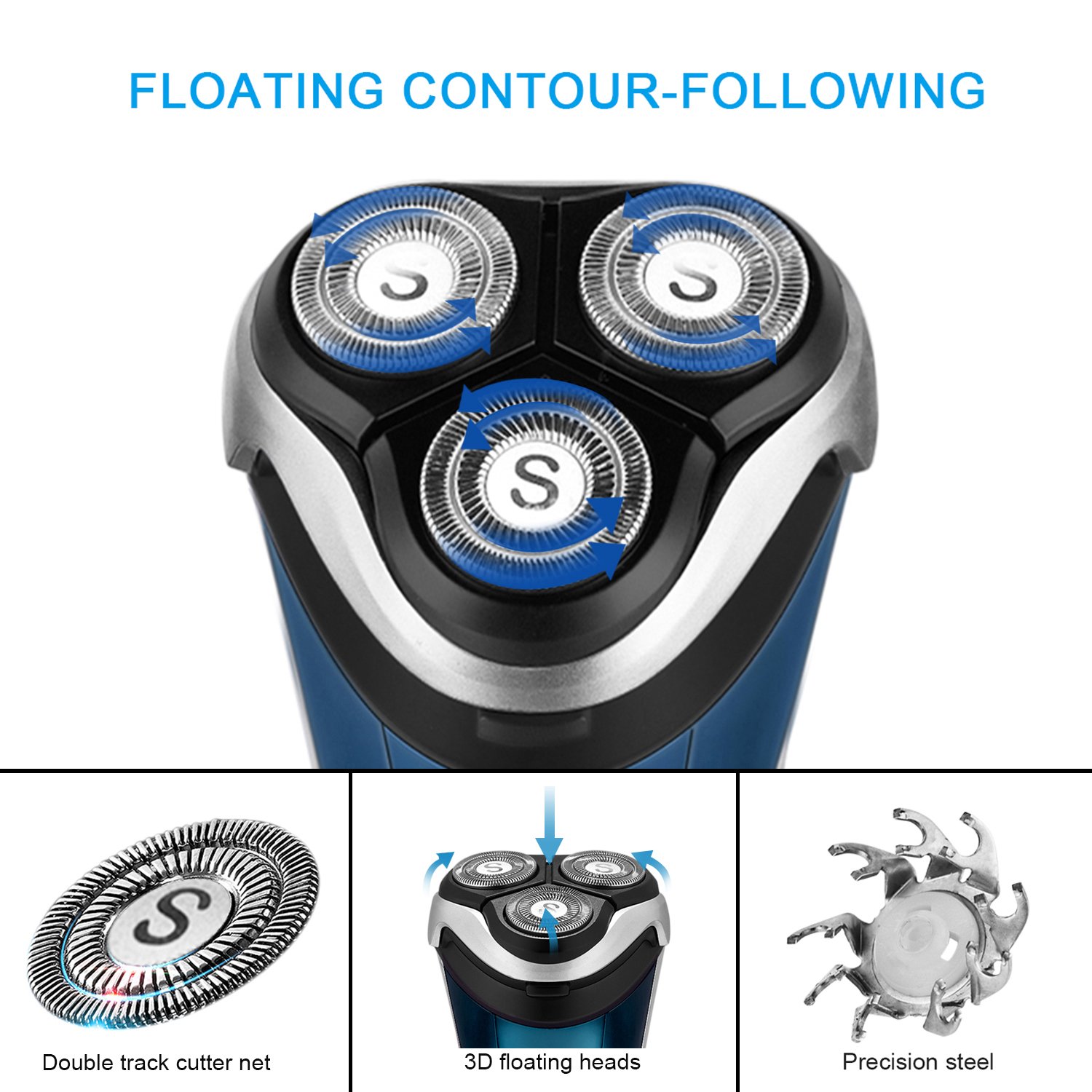 SweetLF 3D Rechargeable Waterproof IPX7 Electric Shaver Wet & Dry Rotary Shavers for Men Electric Shaving Razors with Pop-up Trimmer, Blue Pack of 2