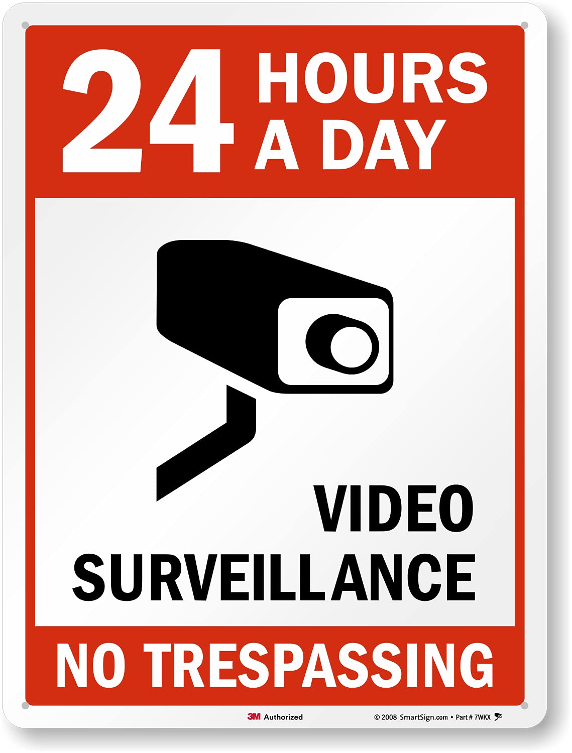 SmartSign 24 x 18 inch “24 Hours A Day - Video Surveillance, No Trespassing” Metal Sign, 80 mil Aluminum, 3M Laminated Engineer Grade Reflective Material, Red, Black and White Pack of 2