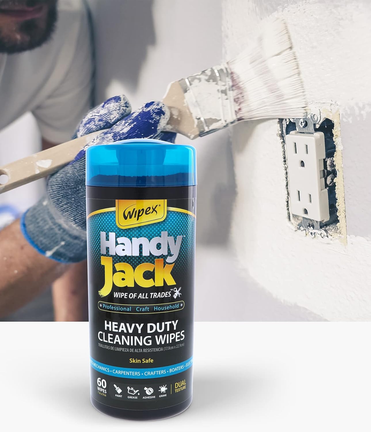 Wipex Handy Jack Heavy Duty Wipes, Dual Texture Cleaning Cloth – Used for Hands, Equipment, Tools, Garden, Automotive, Easily Removes Paint, Oil, Grease, & Dirt, 60ct Canister, (12 Pk Case, 720 Wipes)