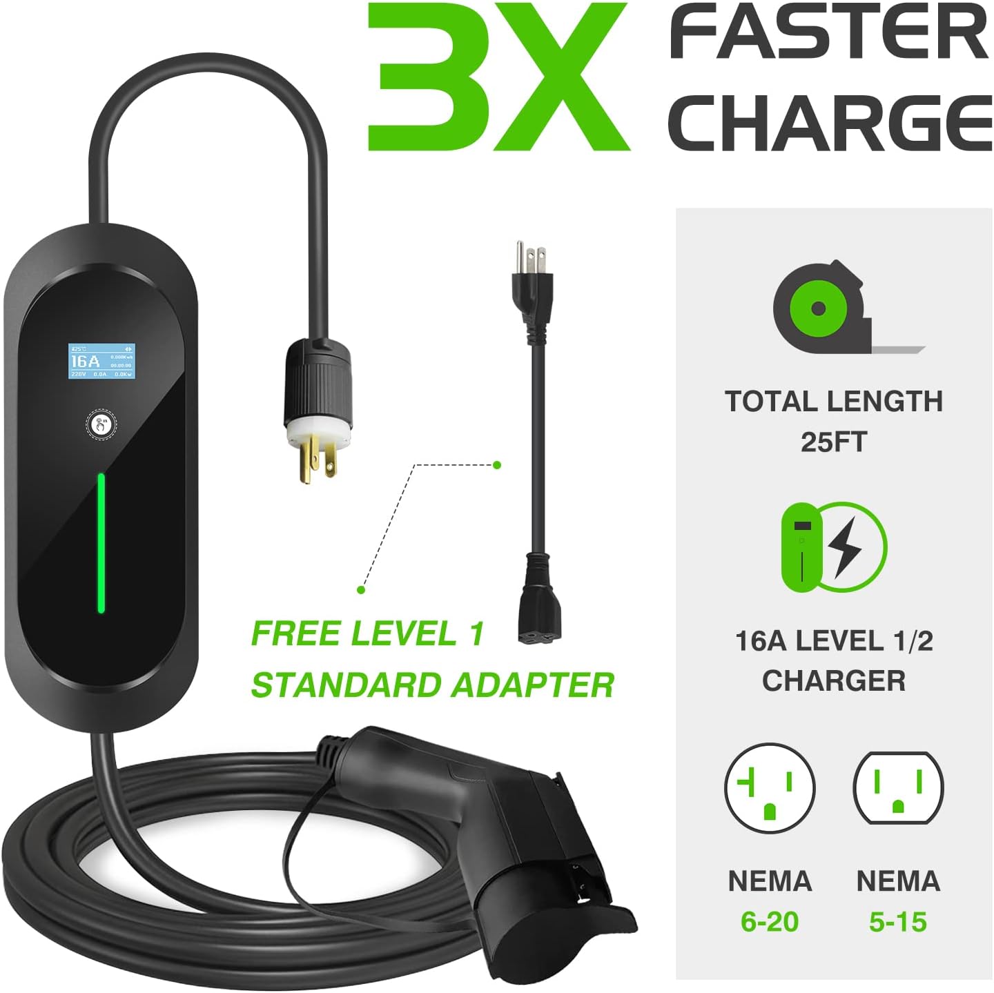 EVCARS Level 2/1 EV Charger 16A 25FT 110-240V Portable EVSE NEMA 6-20 Plug with NEMA 5-15 Adapter Electric Vehicle Car Charging Station (SAE J1722, Adjustable Amp 8A/10A/13A/16A, Time Delay)