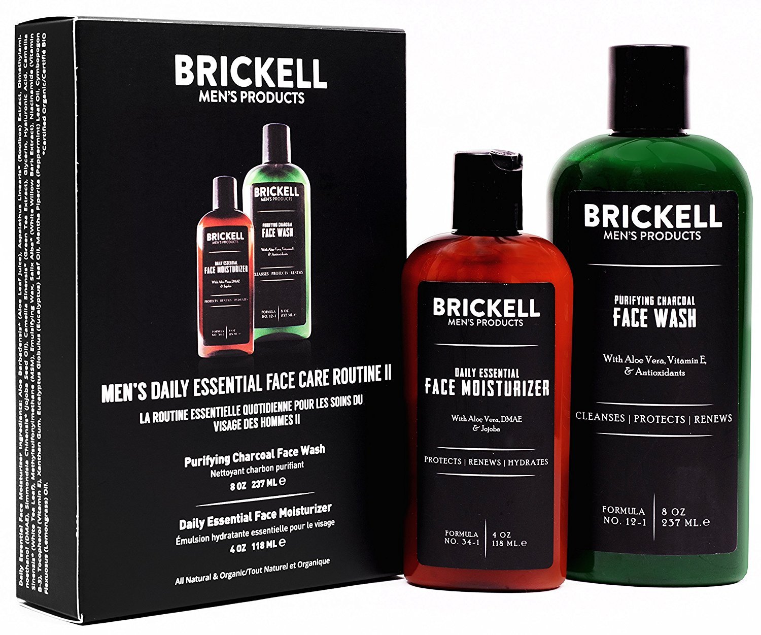 Brickell Men's Daily Essential Face Care Routine II, Purifying Charcoal Face Wash and Daily Essential Face Moisturizer, Natural and Organic, Men's Skin Care Gift Set, Scented Pack of 2