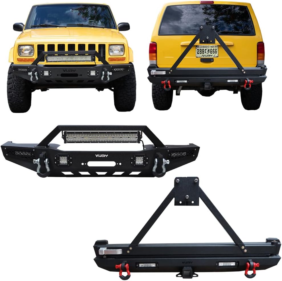 Vijay Front and Rear Bumper with LED Lights and Winch Plate and Tire Carrier Compatible with 1984-2001 Cherokee XJ