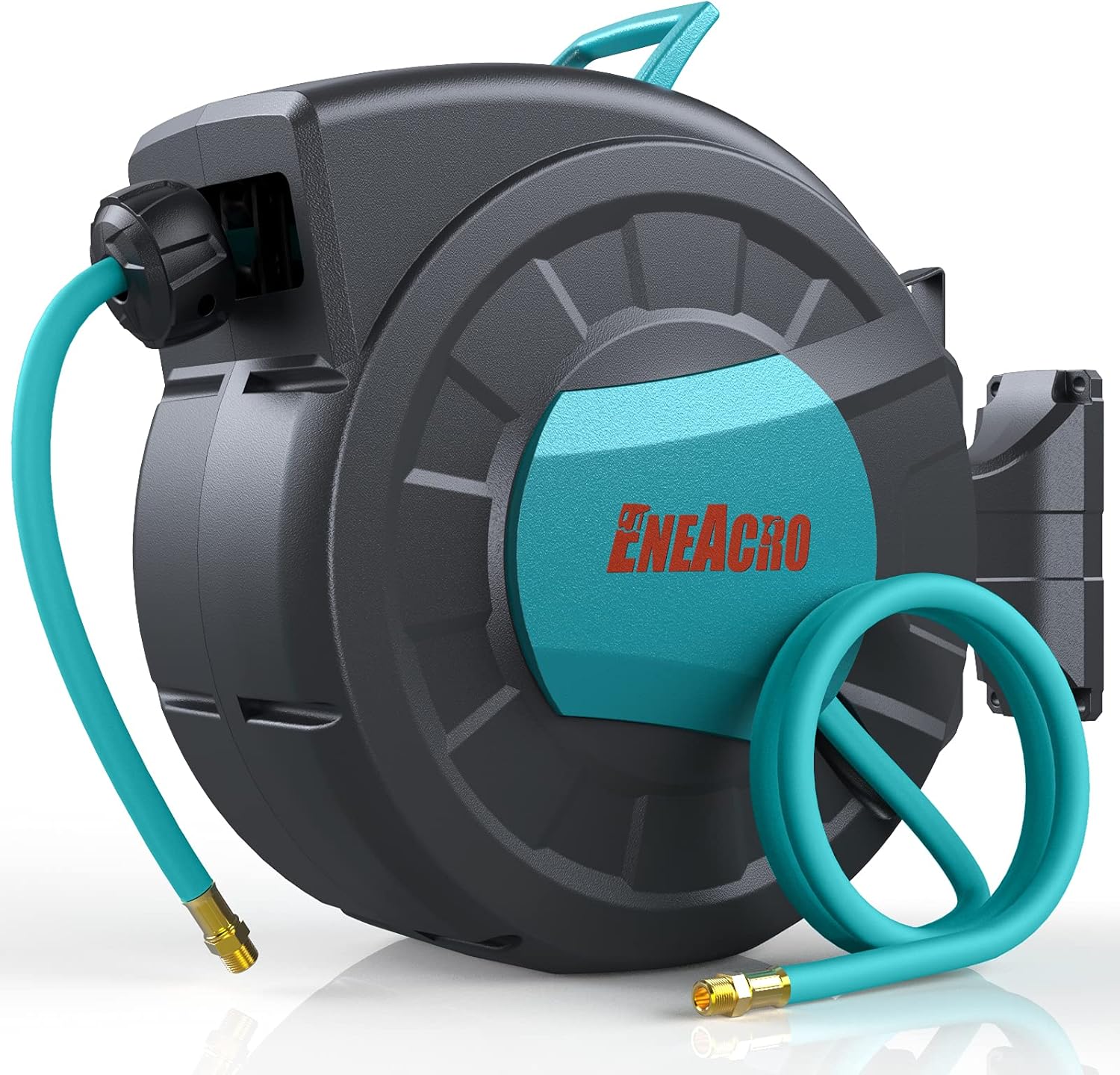 ENEACRO Retractable Enclosed Air Hose Reel with 3/8 in x 50+6.7ft Hybrid Polymer Hose, Heavy Duty Pneumatic Reel, Brass Connector/Auto Rewind/Any Length Lock/ 180° Swivel Bracket, 300PSI Pack of 2