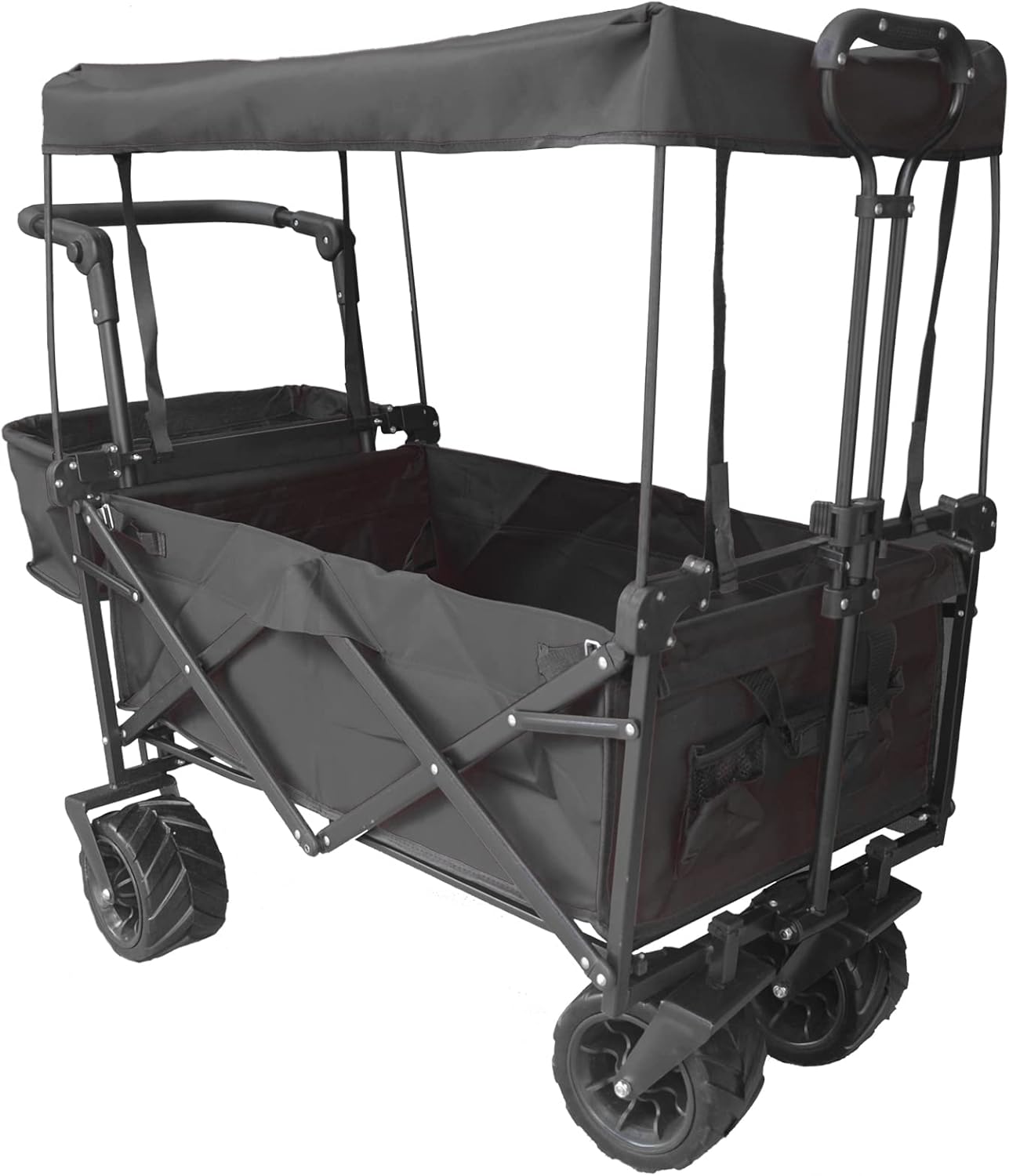 Collapsible Wagon Camping Garden Cart with Removable Canopy, Folding Wagon with Adjustable Push Handles and Brake for Shopping, Picnic, Beach, Camping, Sports (Black)