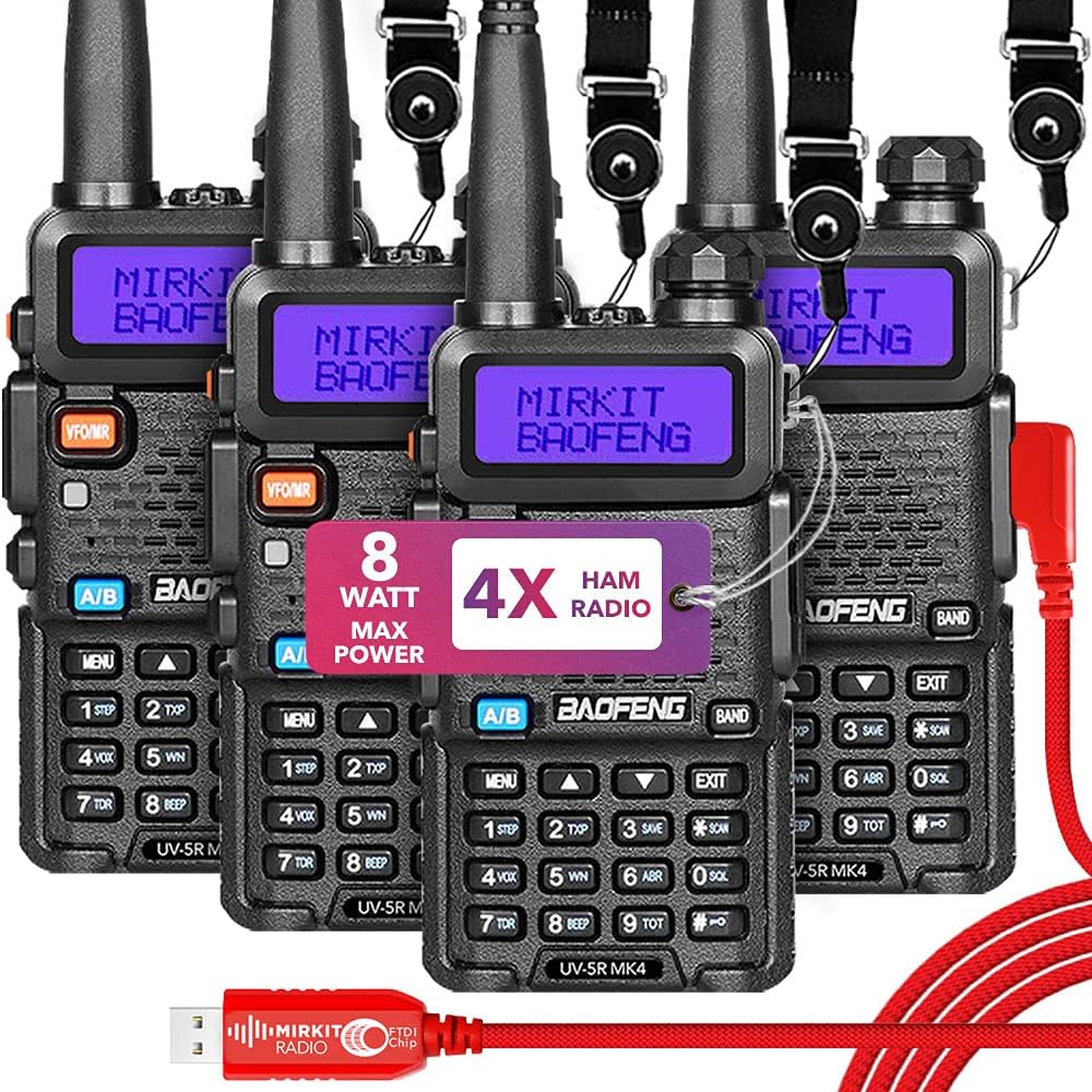Extended Ham Radio Handheld Starter Kit Mirkit Baofeng Radio UV-5R MK4 8 Watt Max Power with 3800 mAh, Handheld Mic, Baofeng Programming Cable and Software - Extra Pack