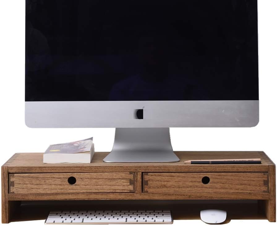 Kirigen Wood Monitor Stand with 2 Drawers - Computer Arm Riser Desk Storage Organizer,Speaker TV Laptop Printer Stand with Pen Slot and Cable Management,Dark Brown Desktop Shelf for Office DBR-2PMJ Pack of 2