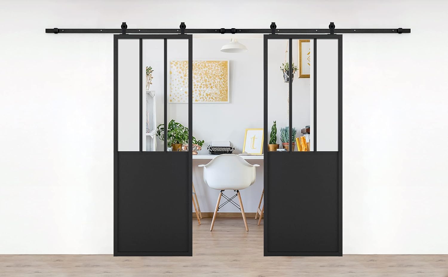 JUBEST Double Barn Door 60 x 84 in with 13FT Hardware Kit, 2 Sets of 30x84 in Clear Tempered Glass Aluminum Frame Black Paneled Barn Door ,Pocket Interior Door,Closet Door, Easy Assembly